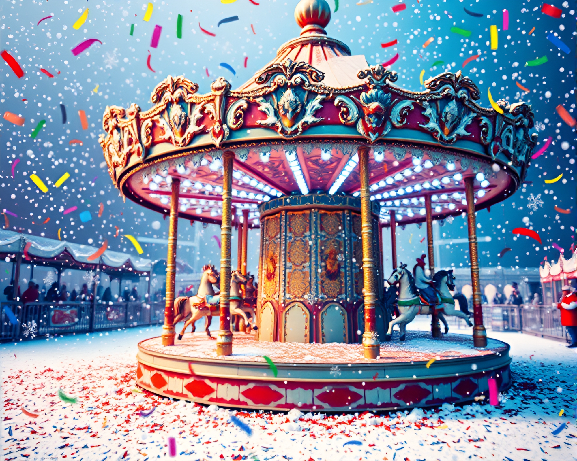 Snowflake Carnival Carousel in Surrealist Confetti Burst – free AI stock image