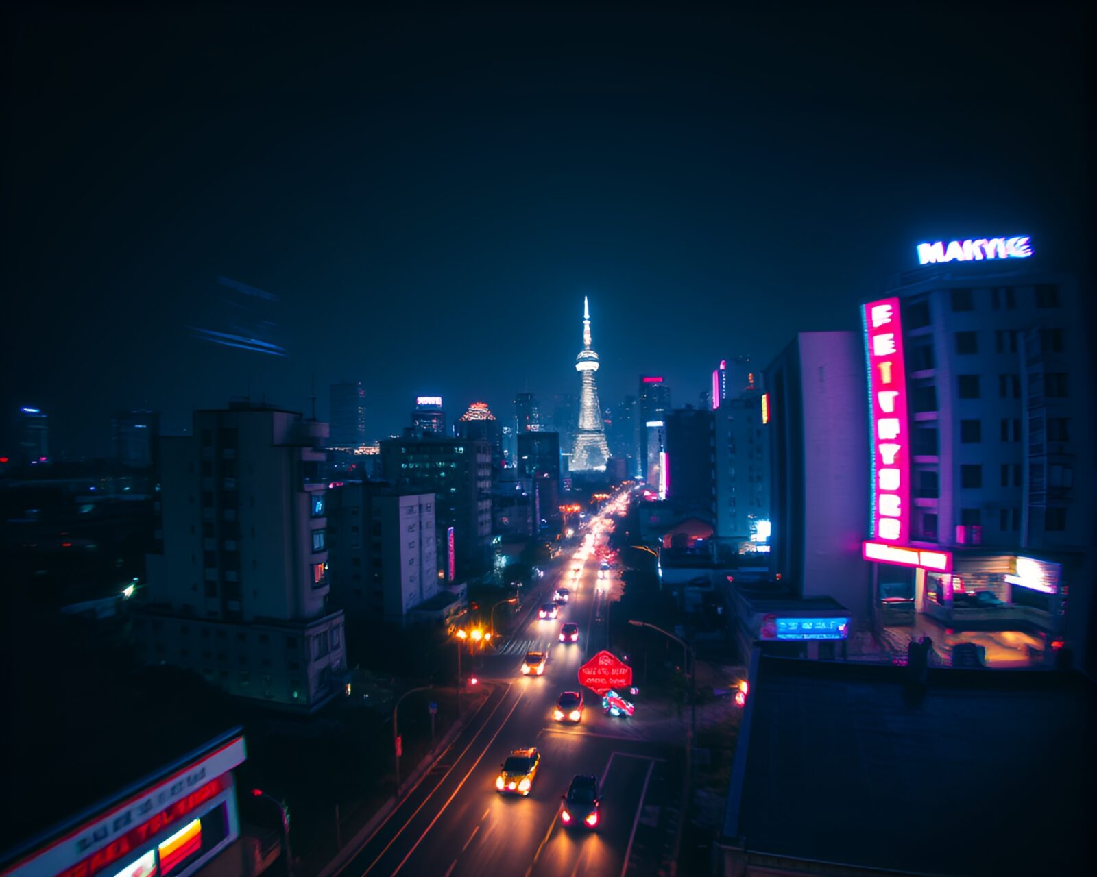 Vibrant city lights blurred in fisheye synthwave etching