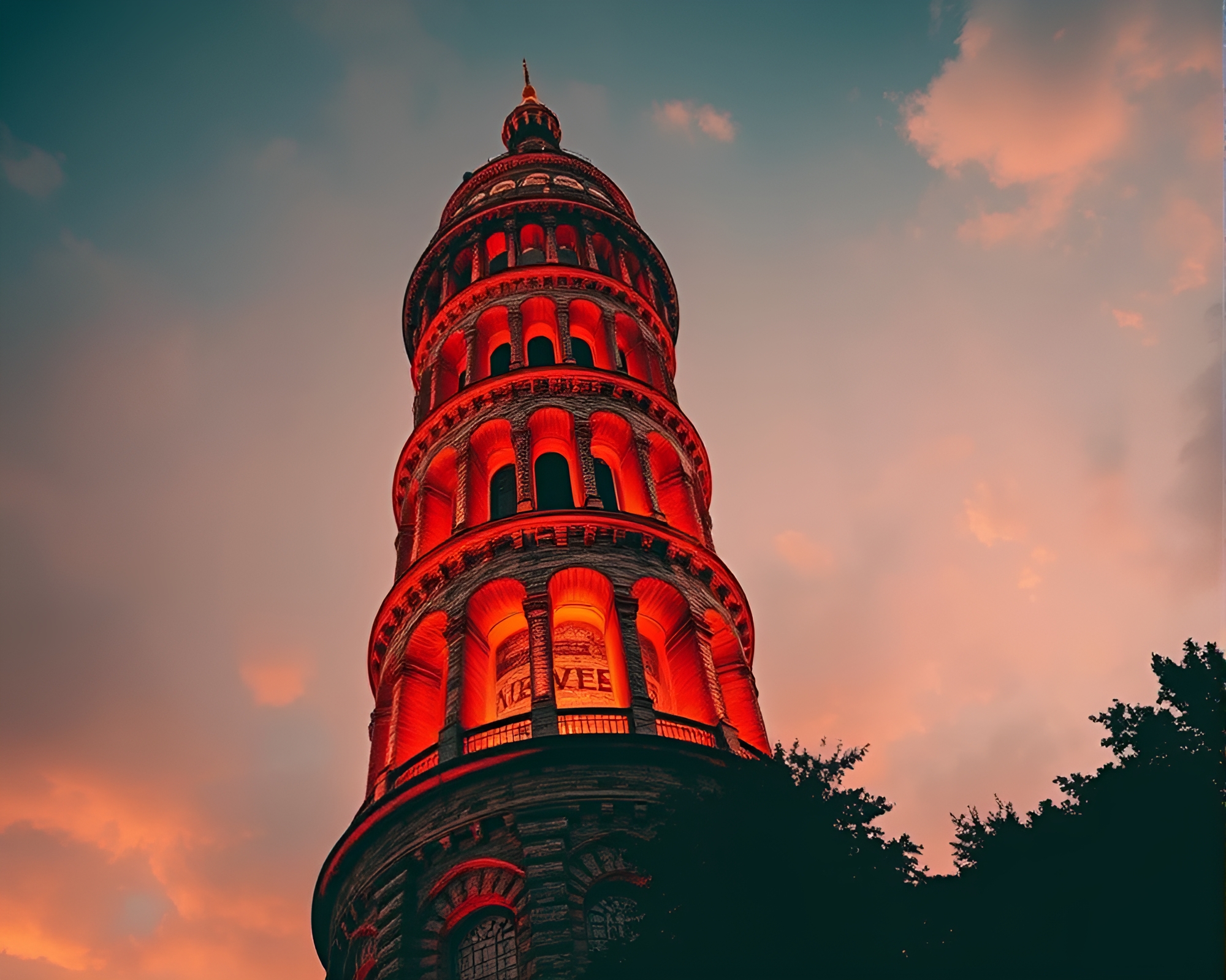 Majestic Tower Silhouette at Sunset – free AI stock image