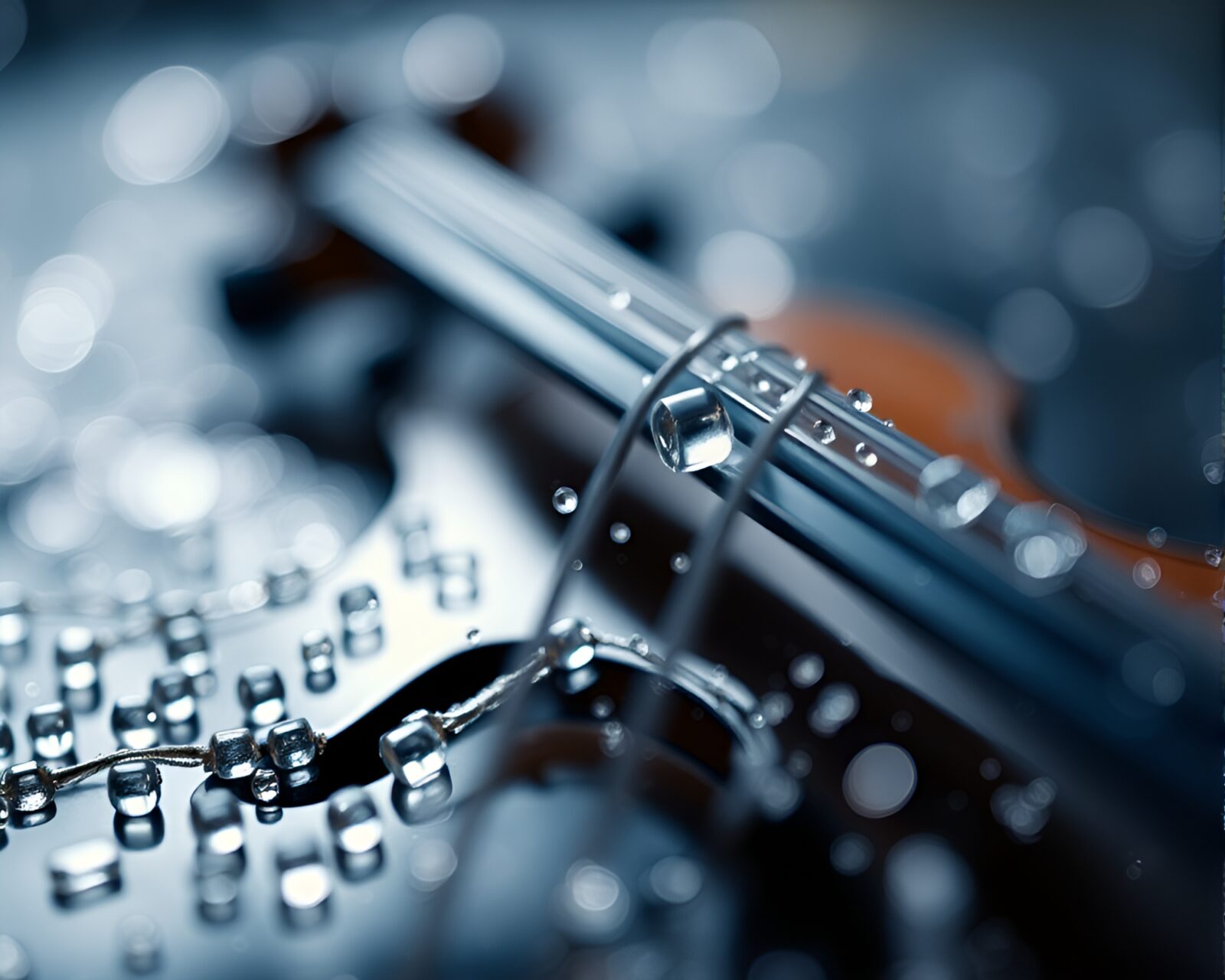 Soft focus image of a violin surrounded by glistening glass beads under ambient occlusion lighting