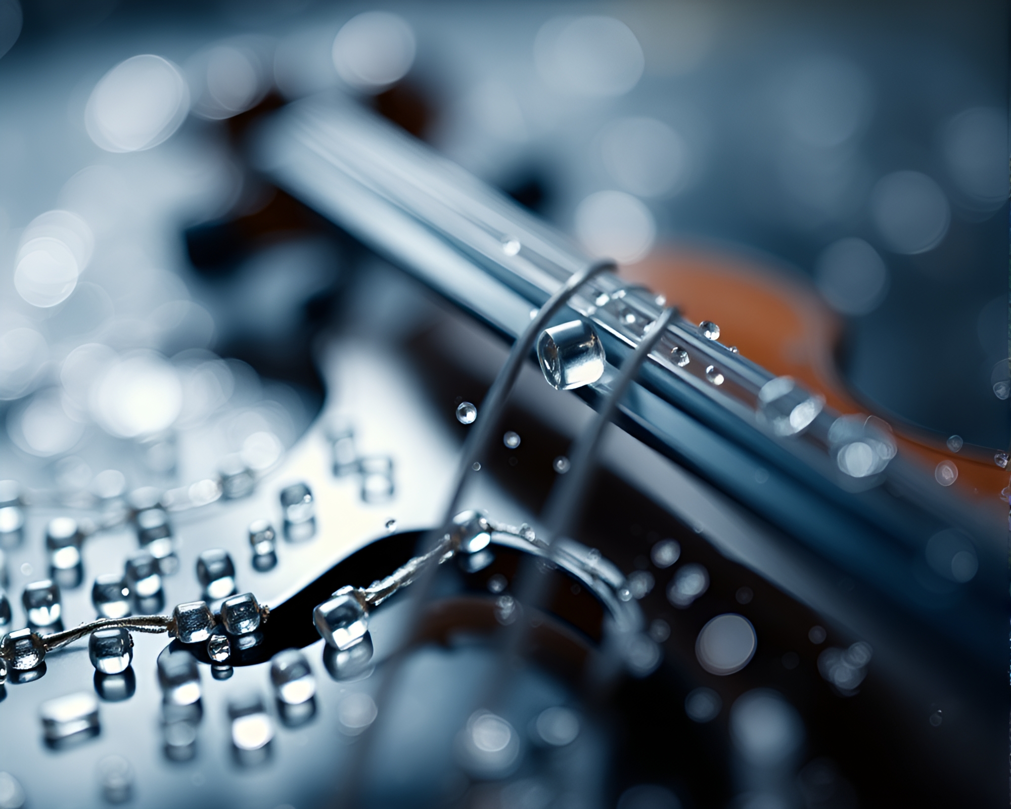 Violin submerged in ethereal wet glass beads – free AI stock image