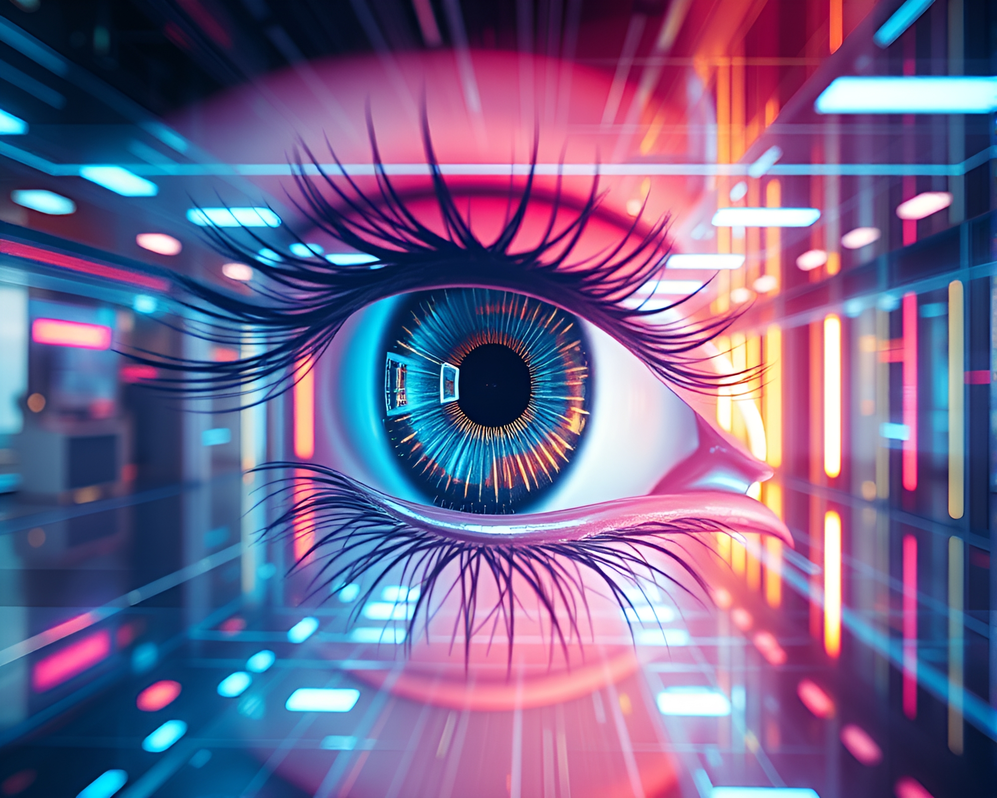 Cybernetic Eye Reflections in Pastel Path Tracing – free AI stock image