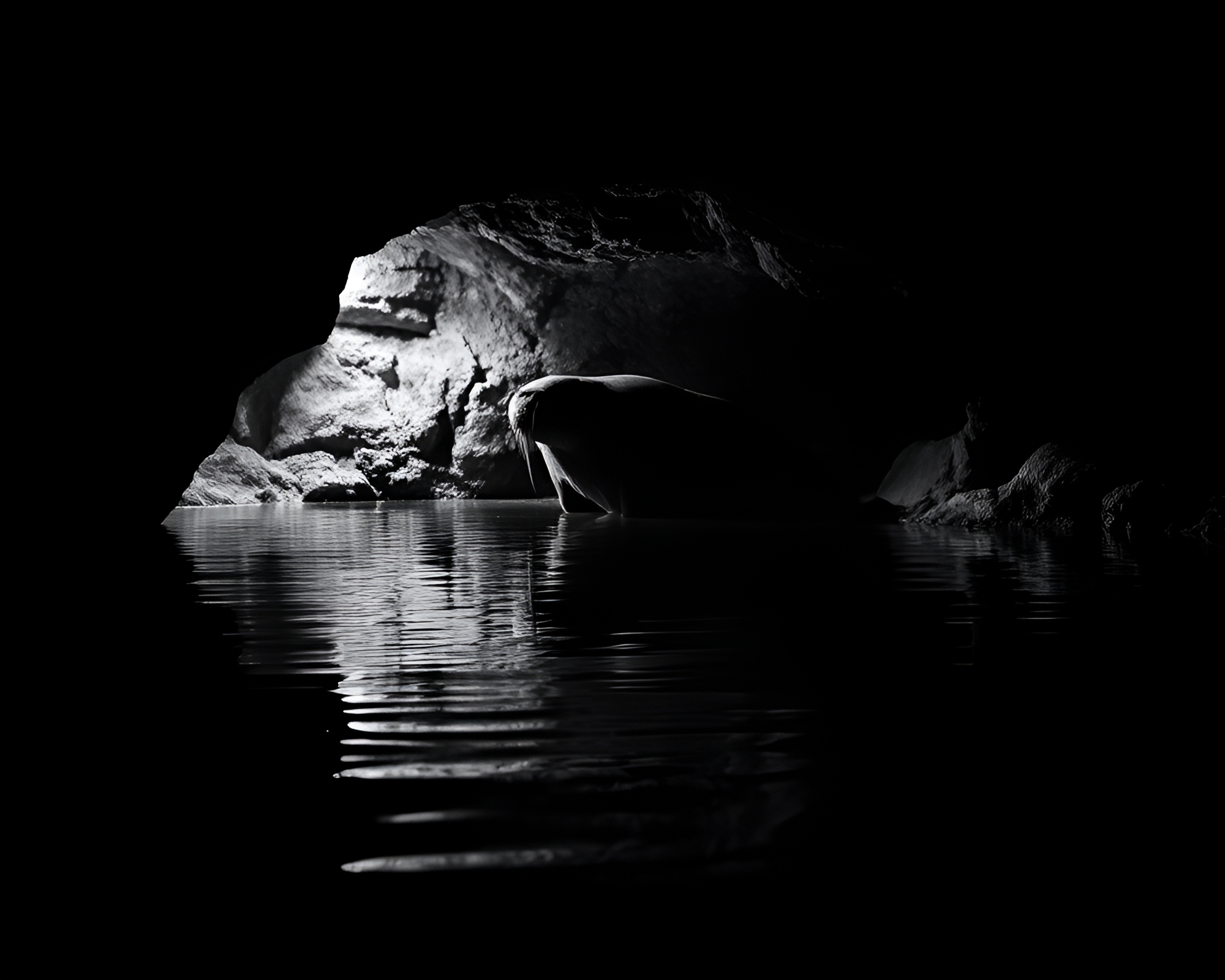 Majestic Walrus in Monochrome Cave Reflection – free AI stock image