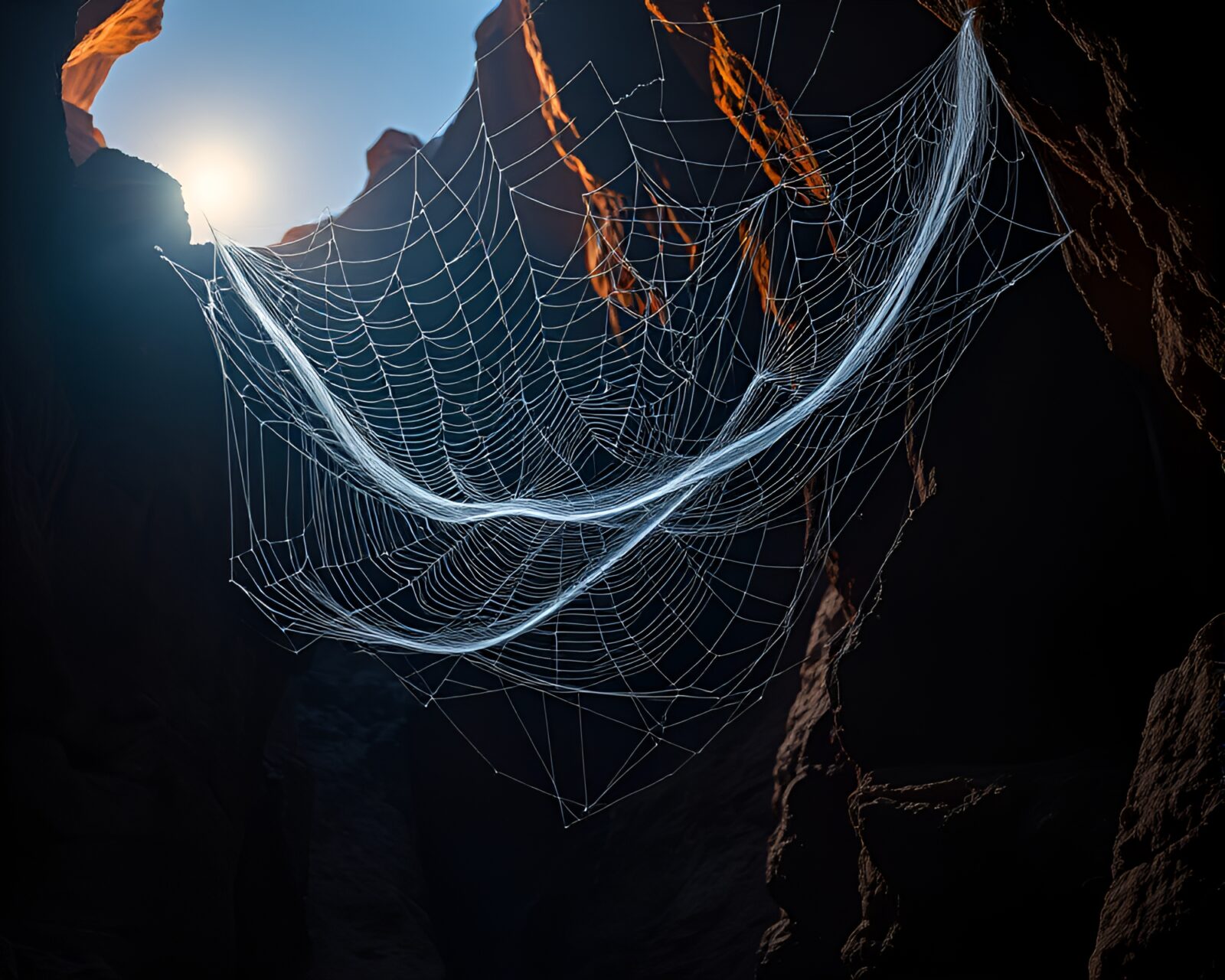 Glowing fluorescent-lit canyon with cobweb strands at sunset