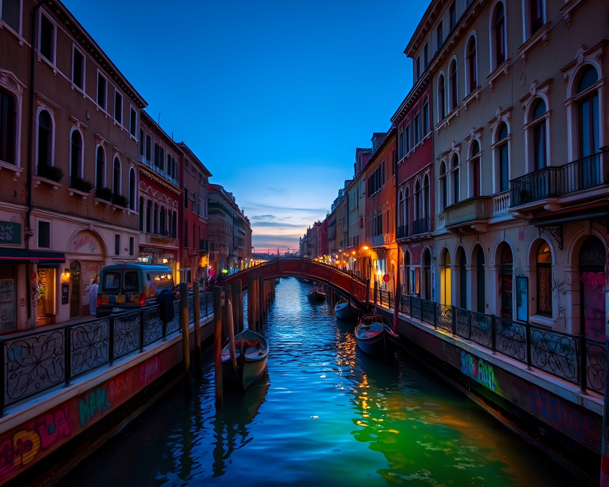 Twilight Canal with Iridescent Soap Film Graffiti – free AI stock image