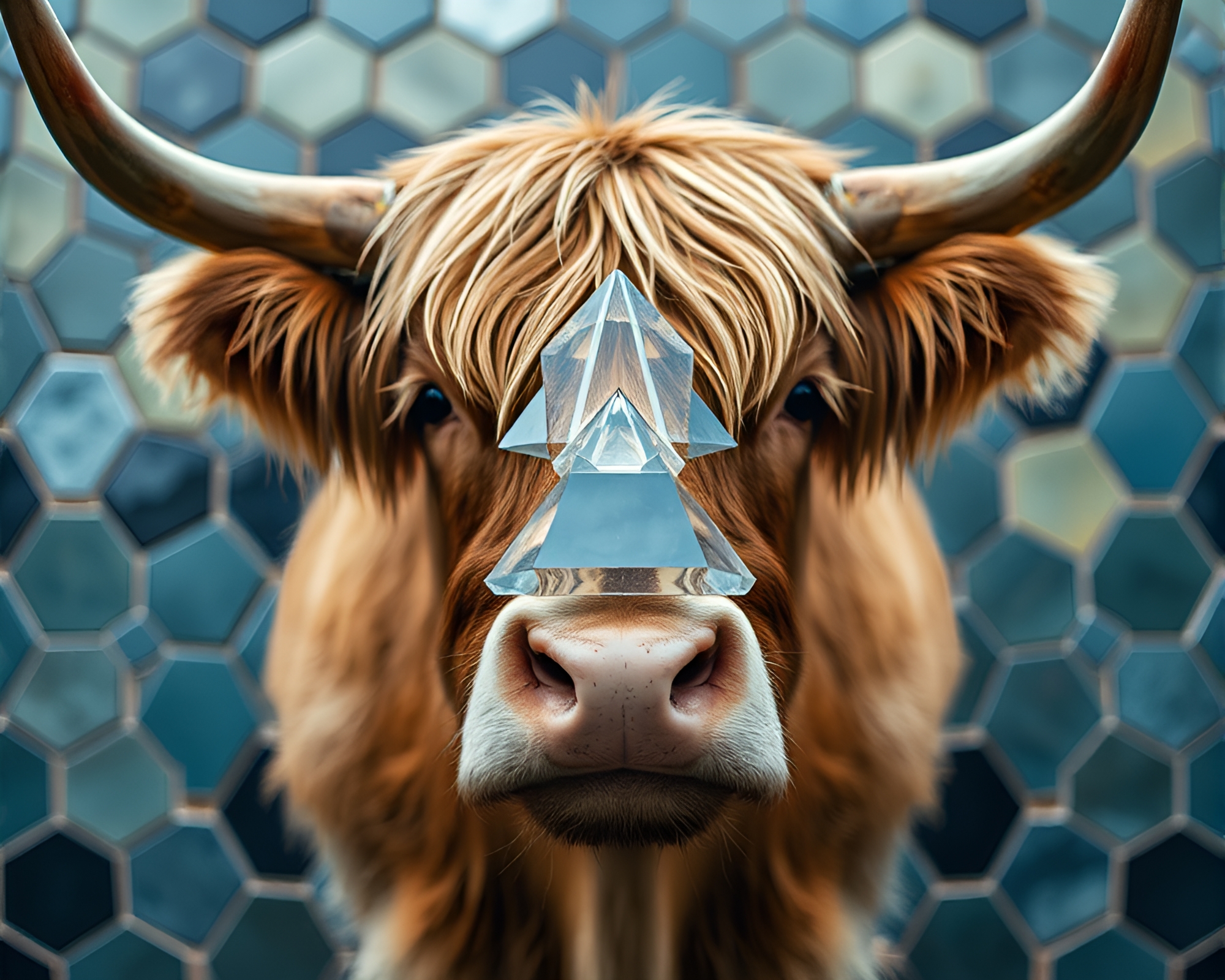 Highland Cow’s Prism Refuge in Hexagonal Macro Universe – free AI stock image
