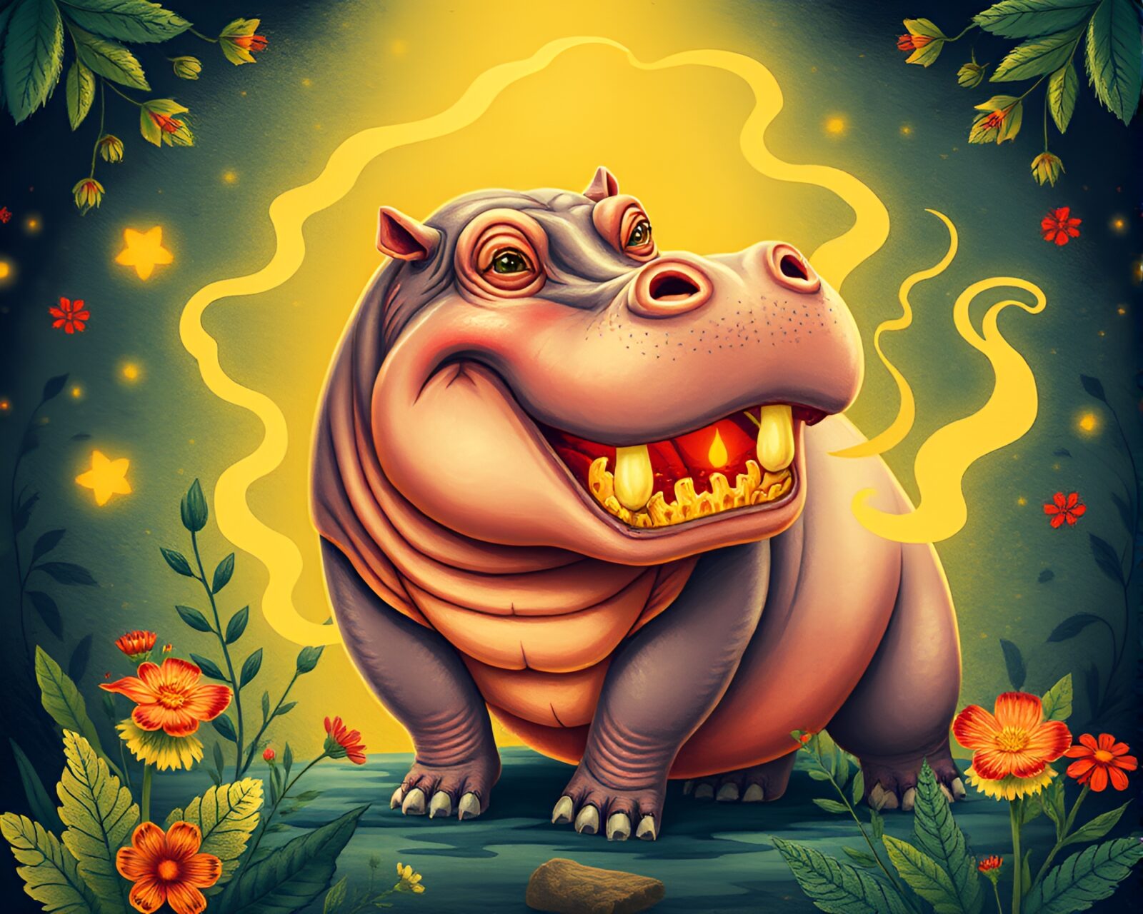 Botanical illustration with glowing hippopotamus surrounded by vignette border