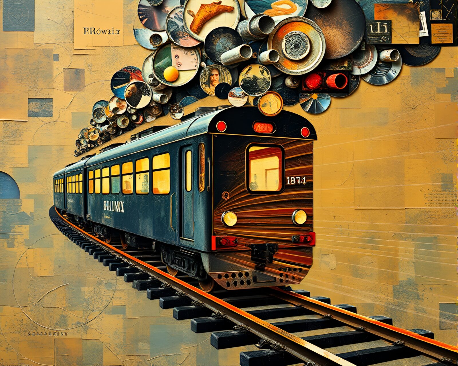 Abstract collage of levitating train in rich oil textures