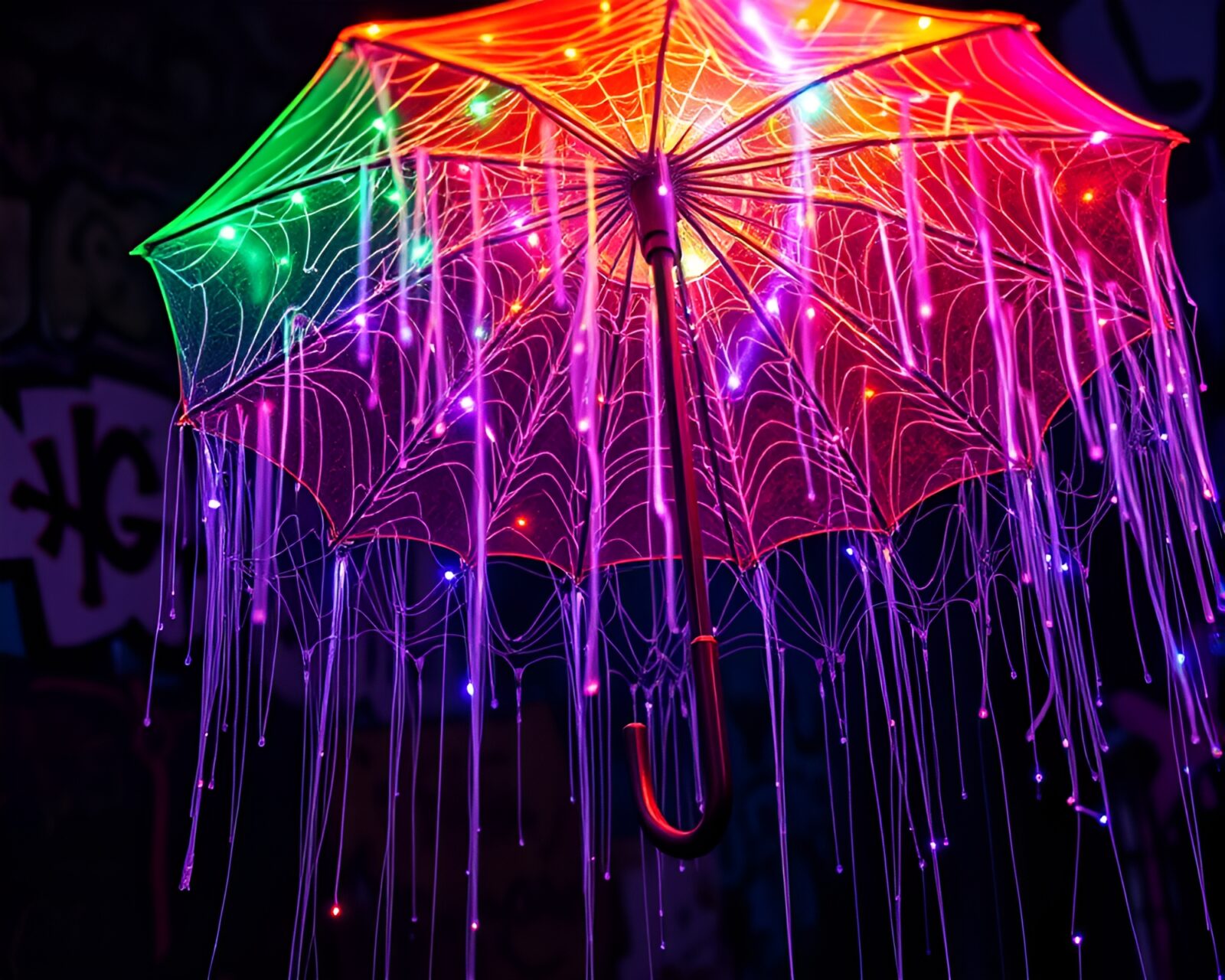 Vibrant stencil art of neon umbrella surrounded by graffiti