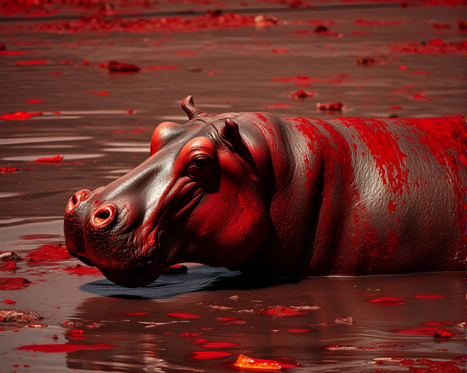 Gloomy red-hued hippo in eerie underwater setting