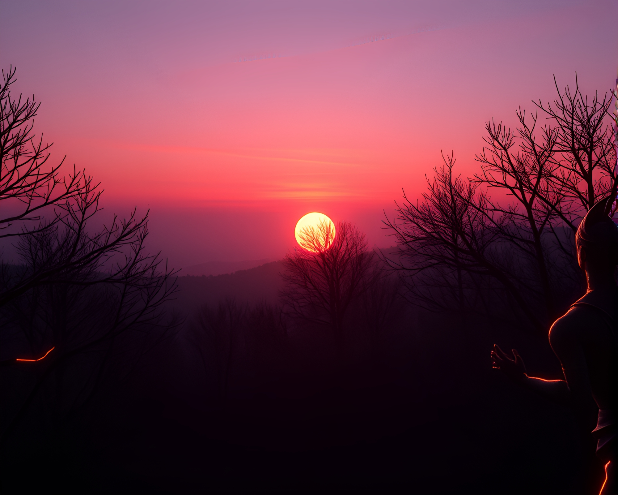Neon Wireframe Dwarf Silhouette inGolden Hour Dusk – free AI stock image