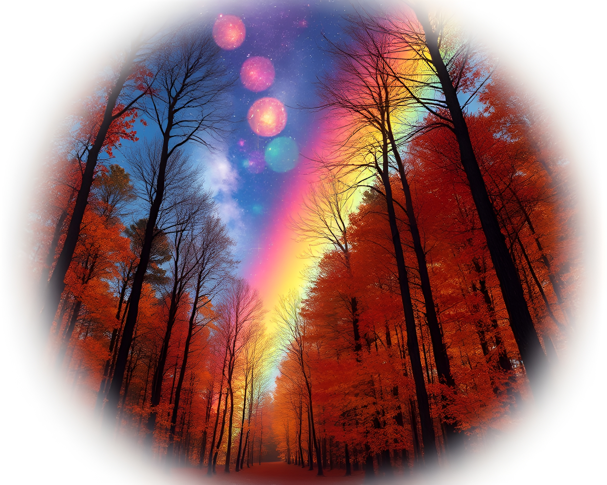 Cosmic Rainbow Close-Up in Autumn Forest – free AI stock image