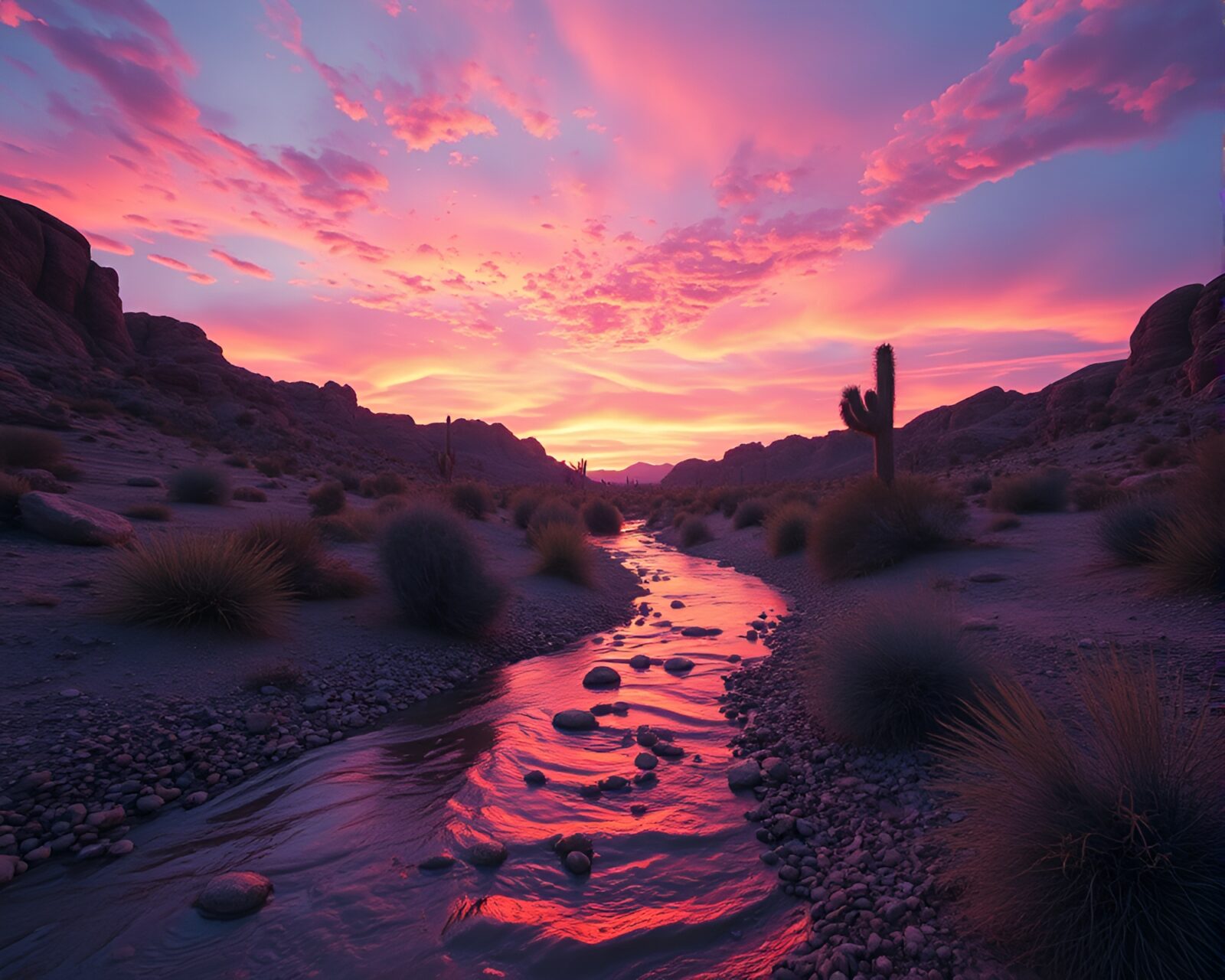 A futuristic desert landscape at sunset viewed from ground level