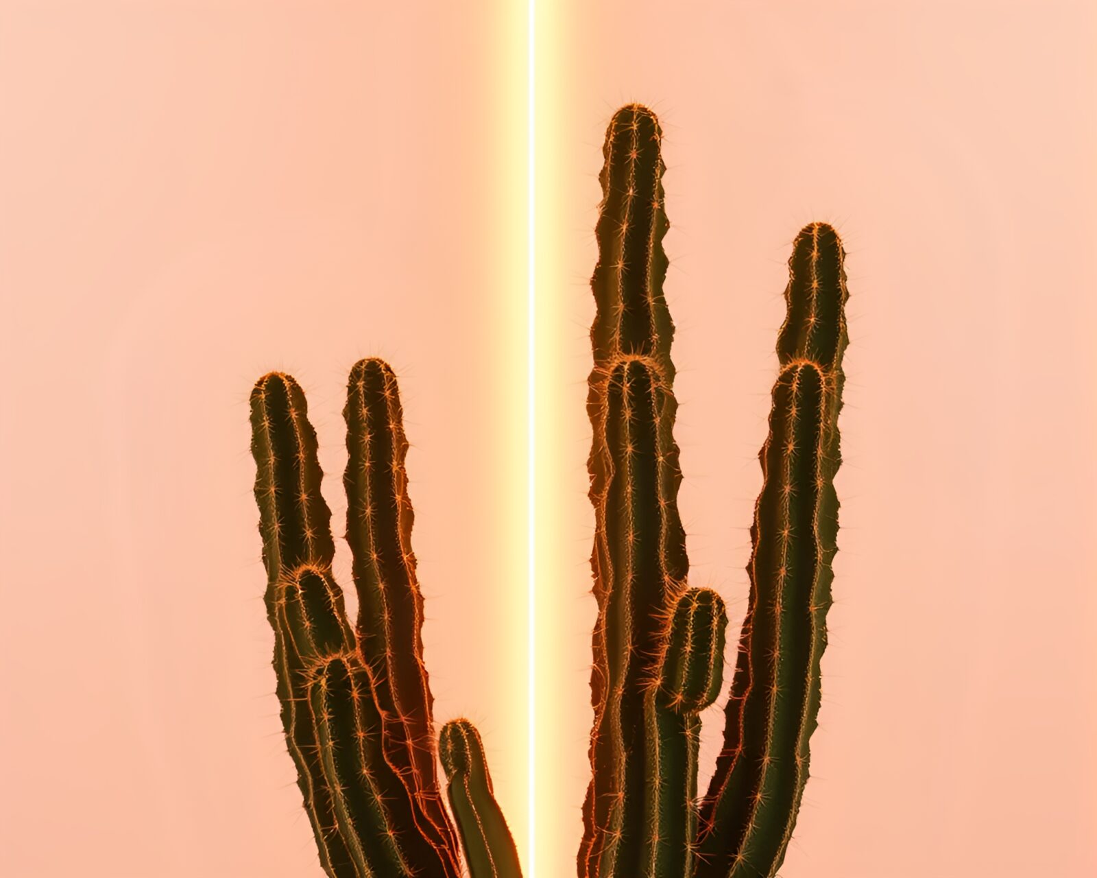 Vibrant off-white glow illuminating neon cactus in futuristic cityscape