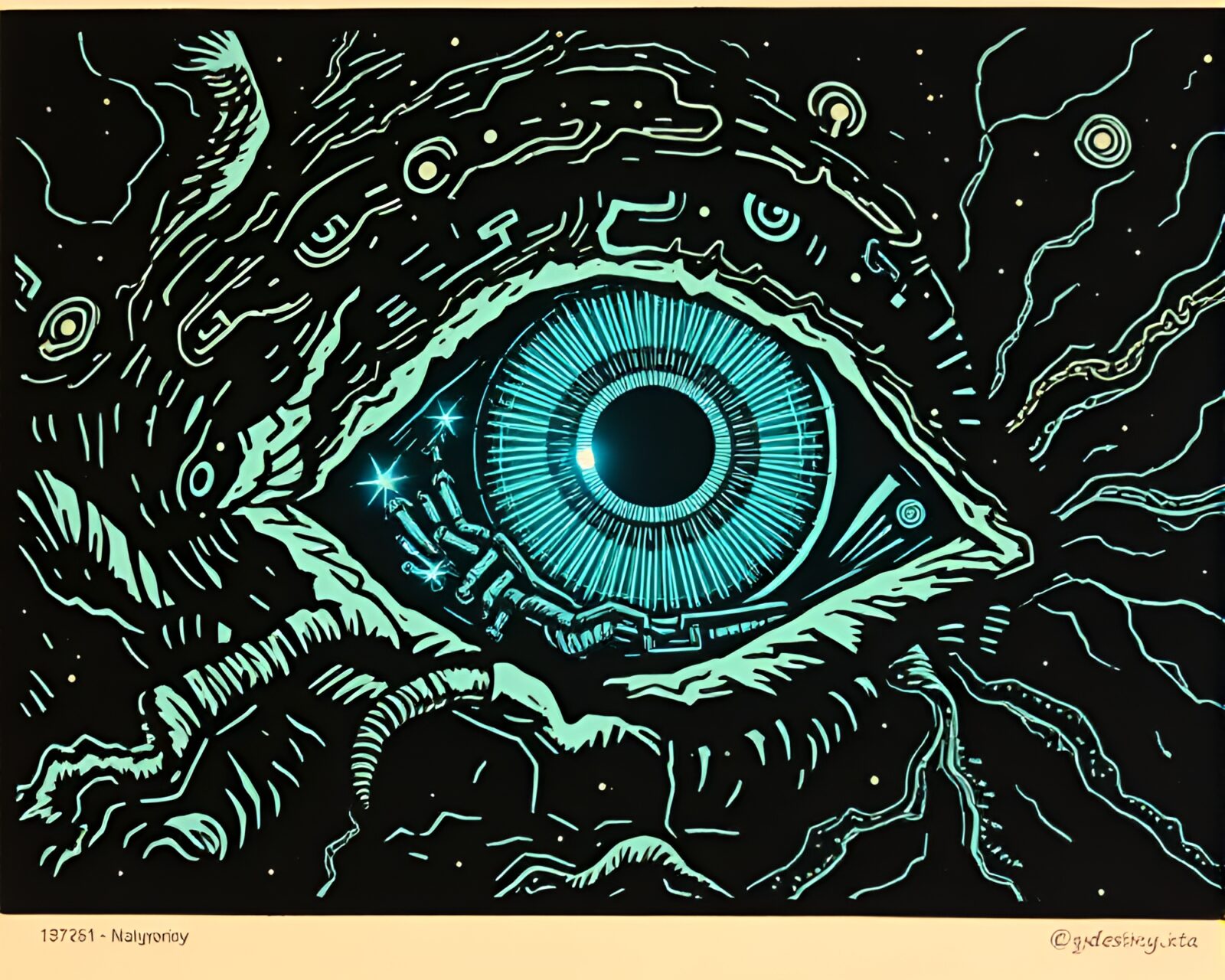 Glowing cybernetic eye in intricate woodcut style