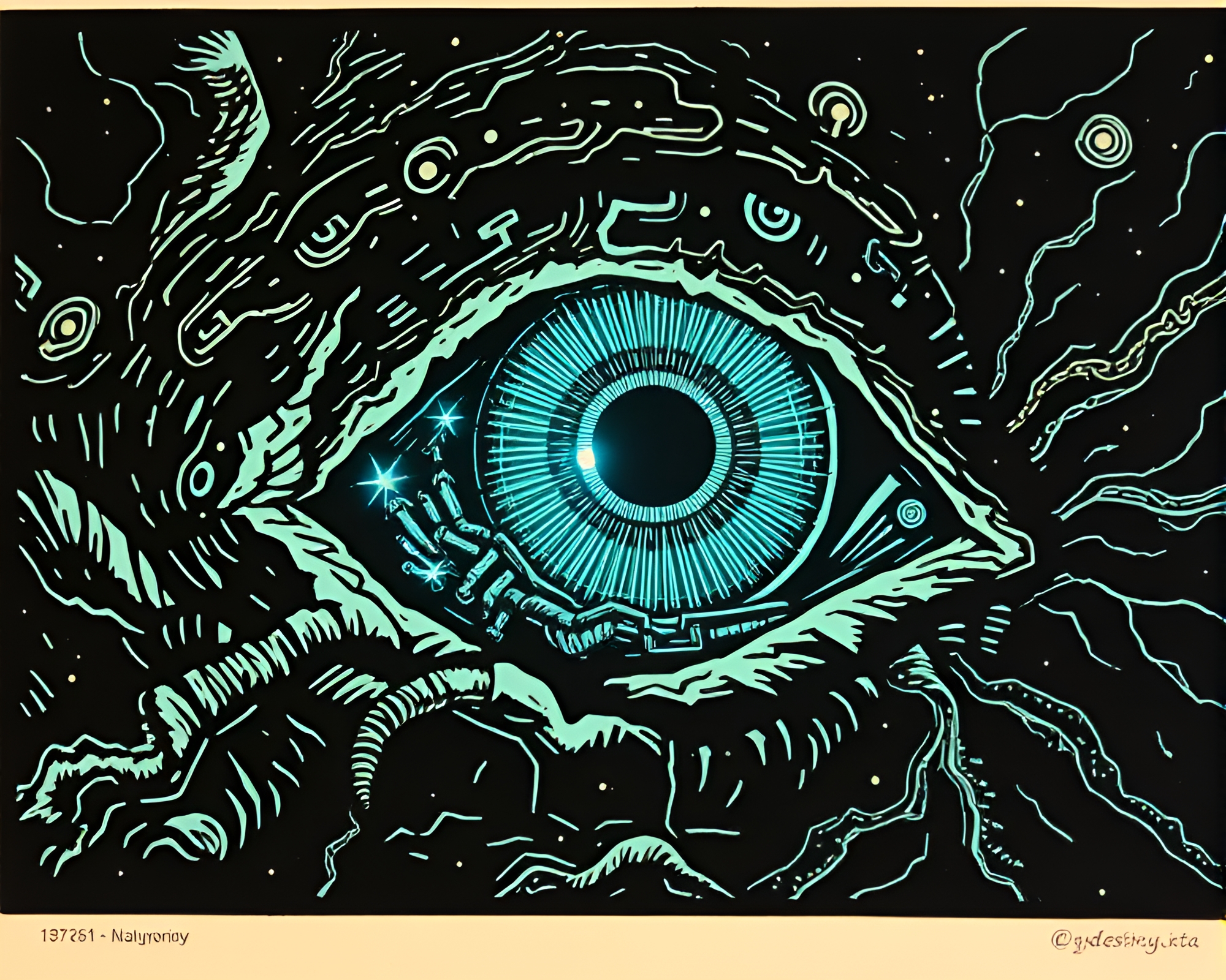 Bioluminescent Cybernetic Eye Woodcut Print Illustration – free AI stock image