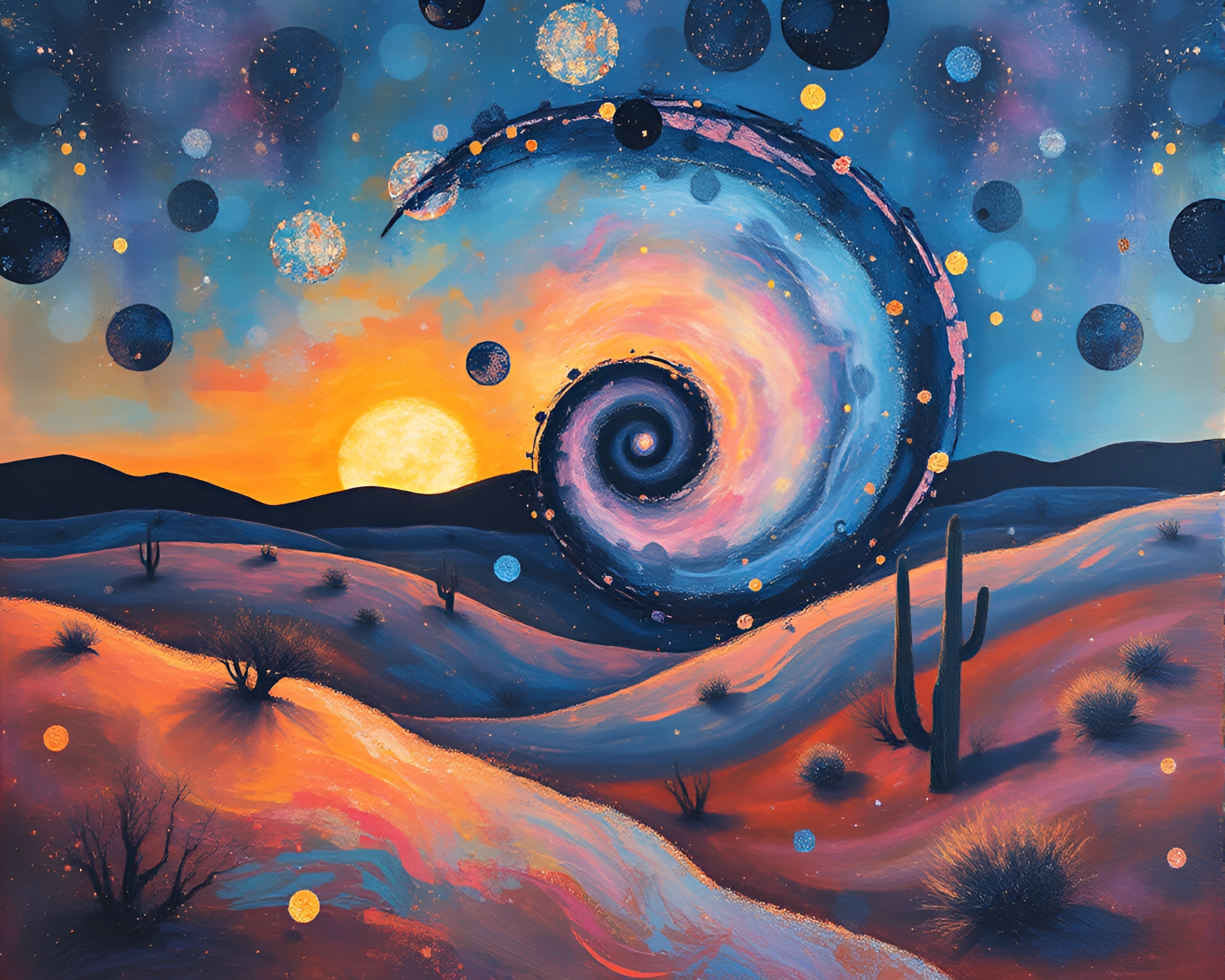 Desert Mirage Disco: Spiral Composition Tempera Painting – free AI stock image