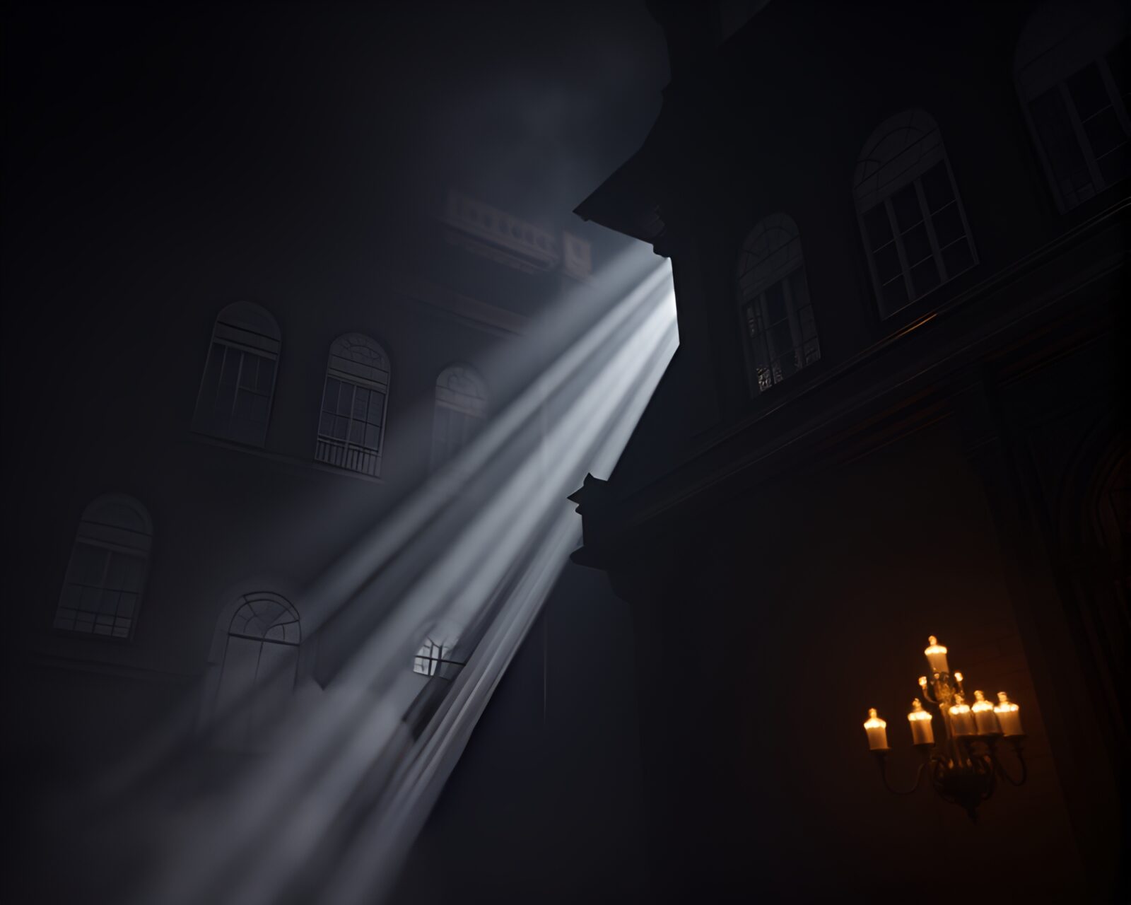 Eerie castle enveloped in dense smoky haze