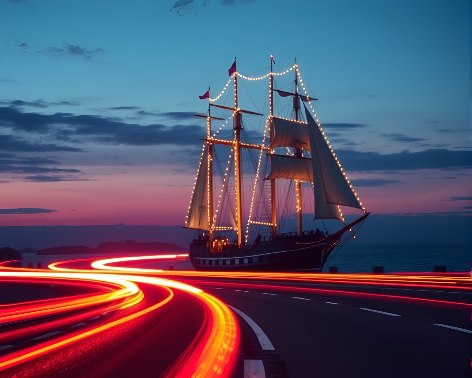 Sailboat navigating neon city, light trails surround – free AI stock image