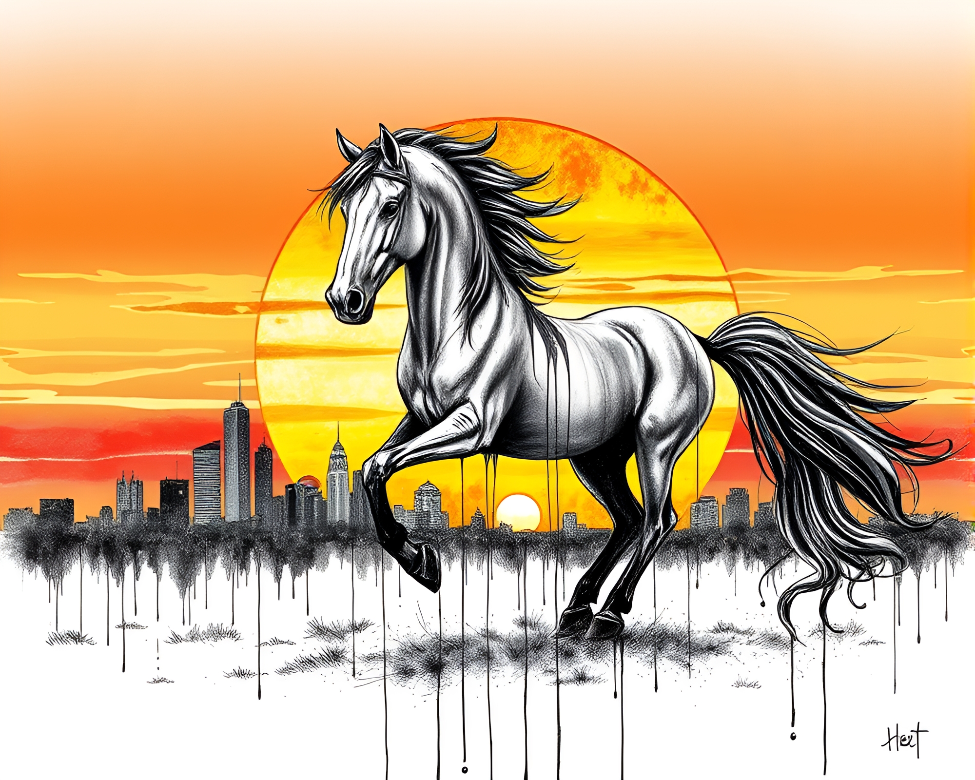 Graffiti Drip Wild Stallion Sunset Sketch – free AI stock image