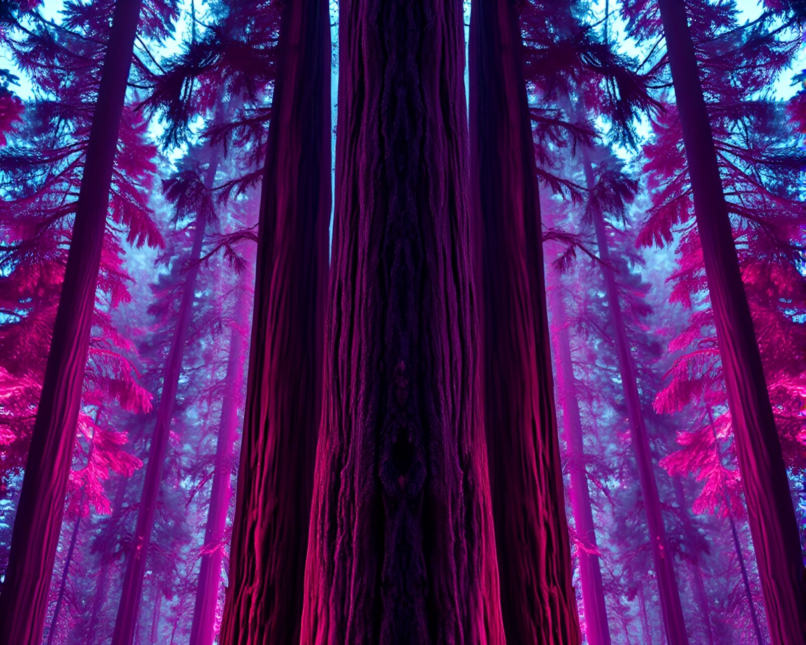 A symmetrical redwood tree glowing under soft fluorescent lights