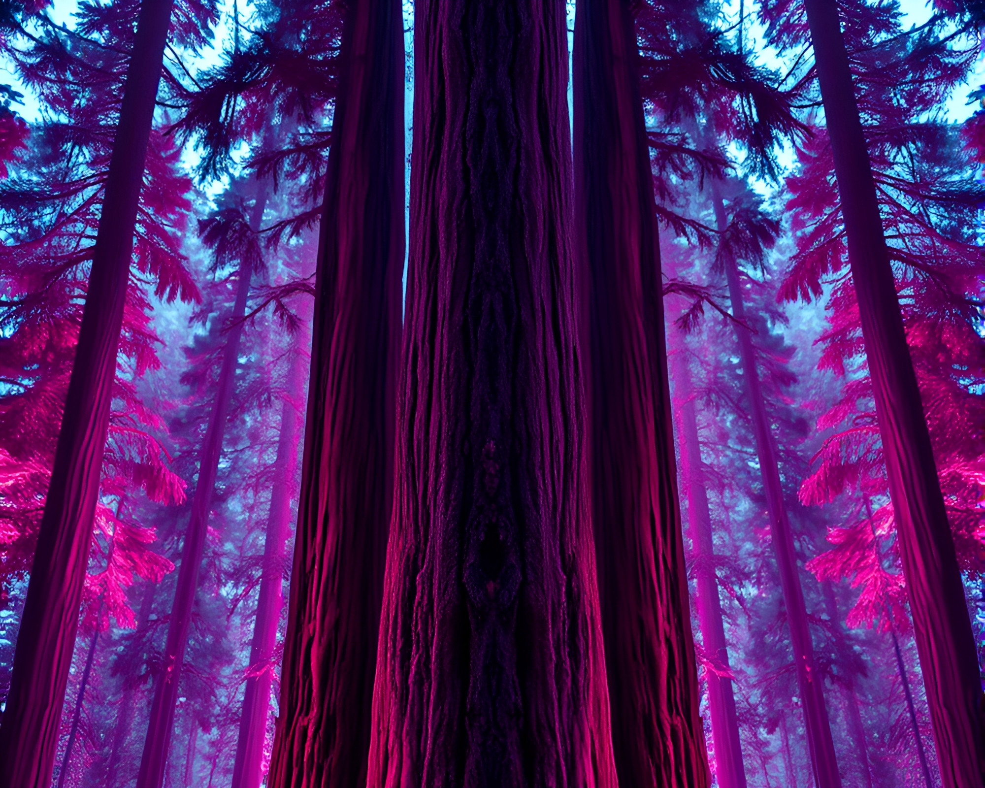 Symmetrical Redwood Tree Illuminated in Muted Fluorescent Light – free AI stock image