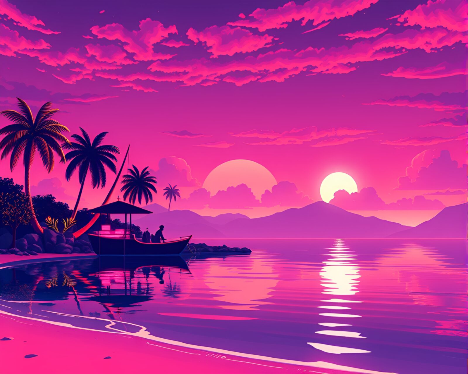 16-bit style island scene with peachy neon glow