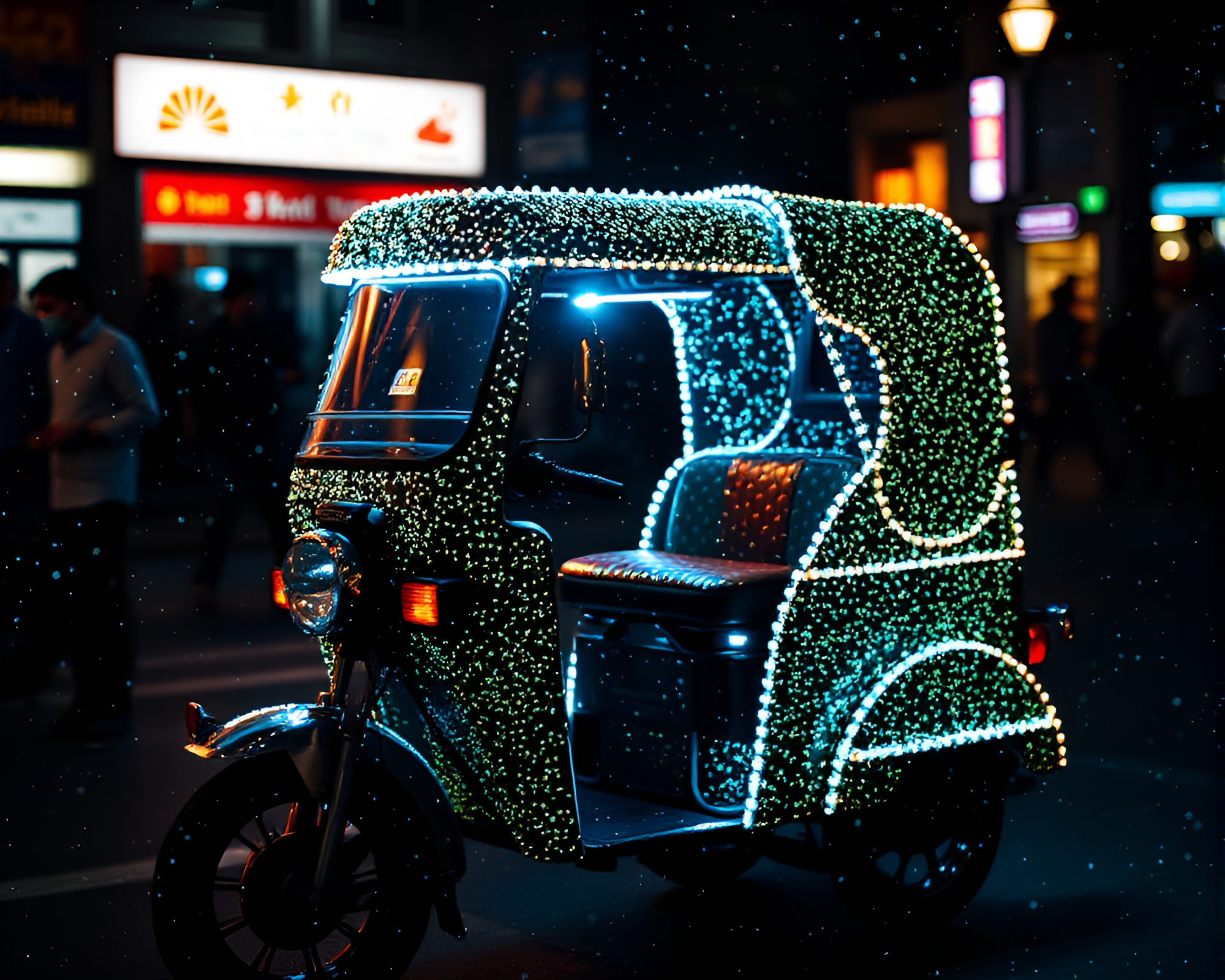 Holographic Rickshaw Driver Through Stippled Night Cityscape – free AI stock image