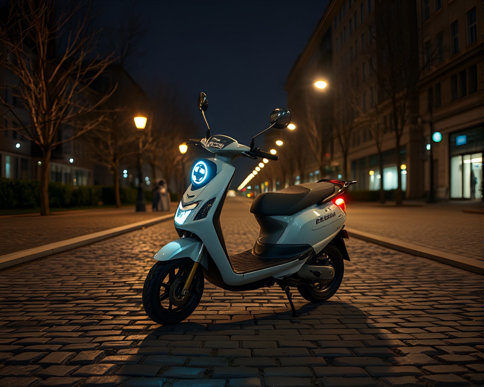 Cobblestone Path Lit by City Lights Electric Scooter – free AI stock image
