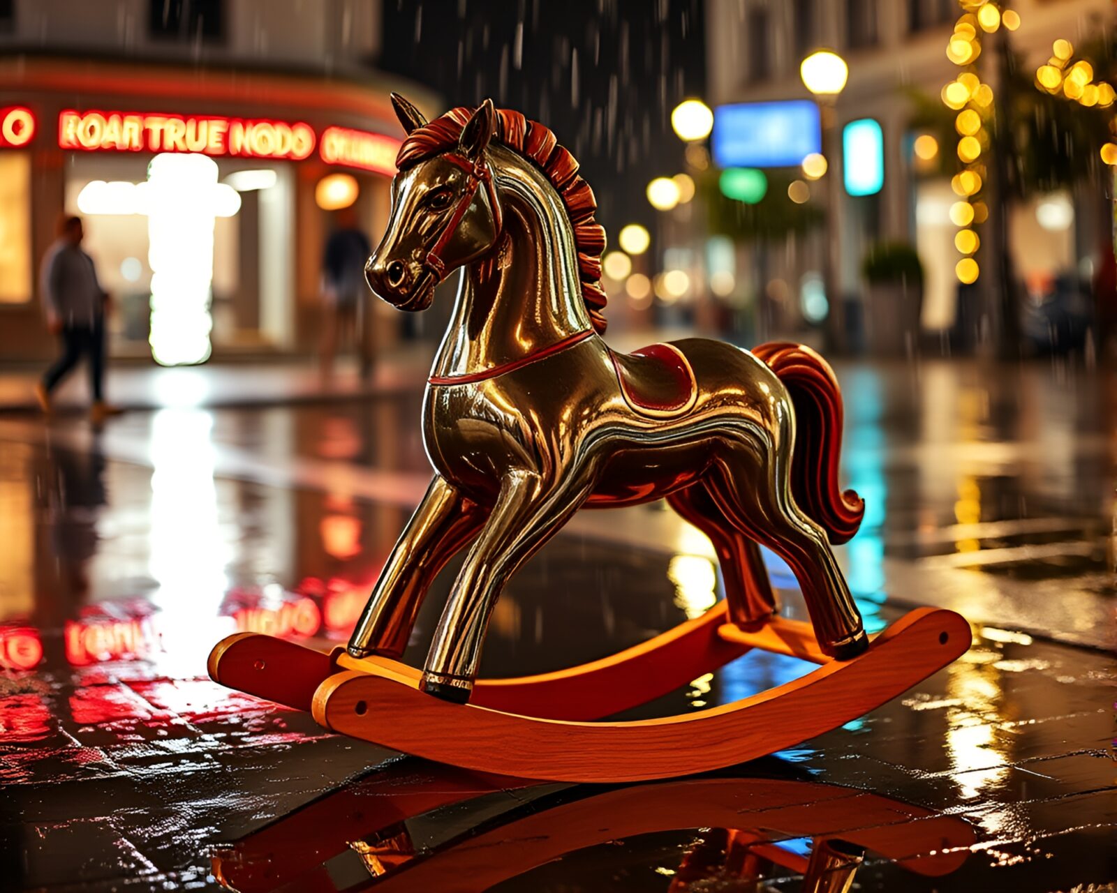 Chrome reflection of wooden rocking horse under LED lights