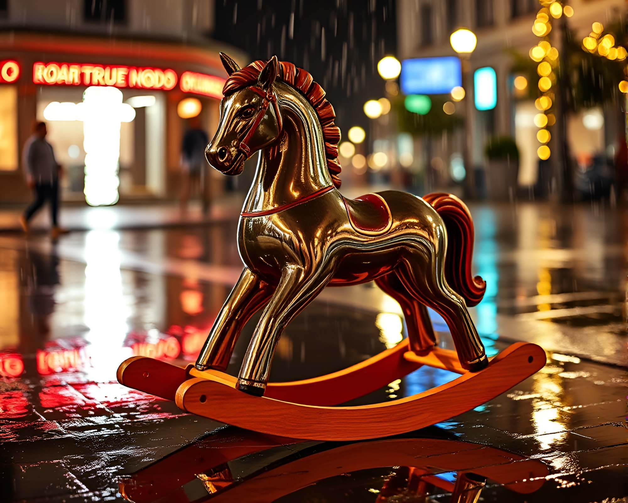 Luminous Rainy Reflections: Wooden Rocking Horse LED Art – free AI stock image