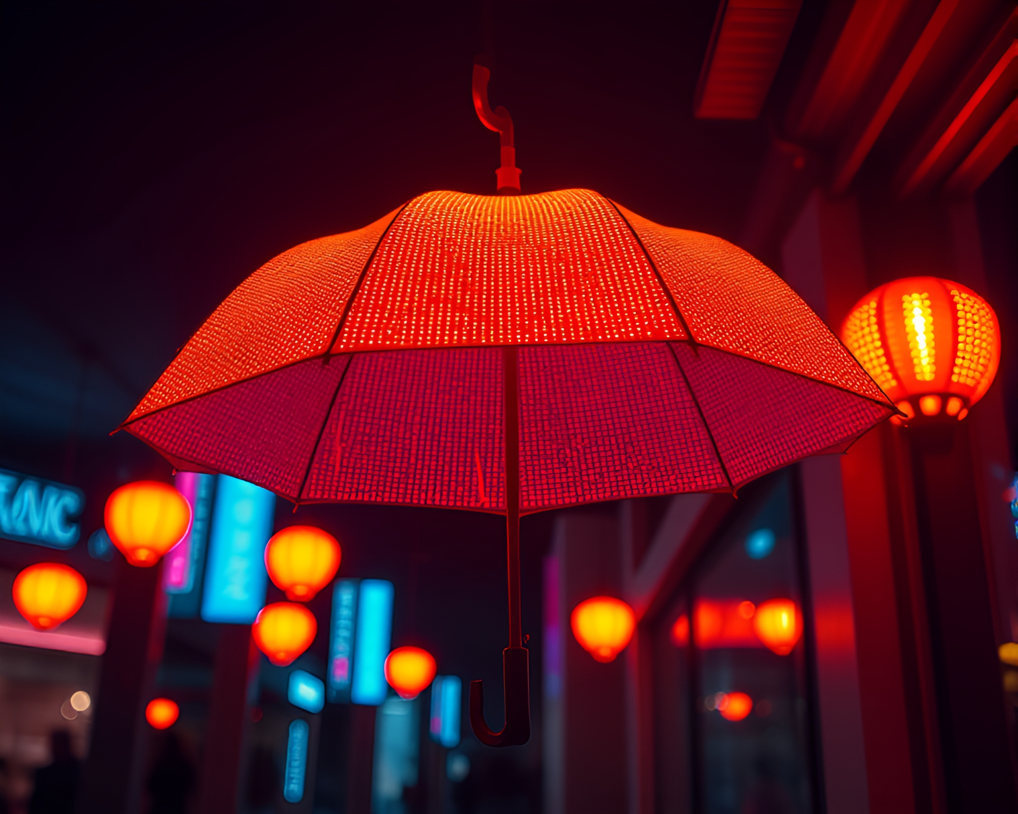 Neon-lit umbrella in halftone grid with ray tracing – free AI stock image