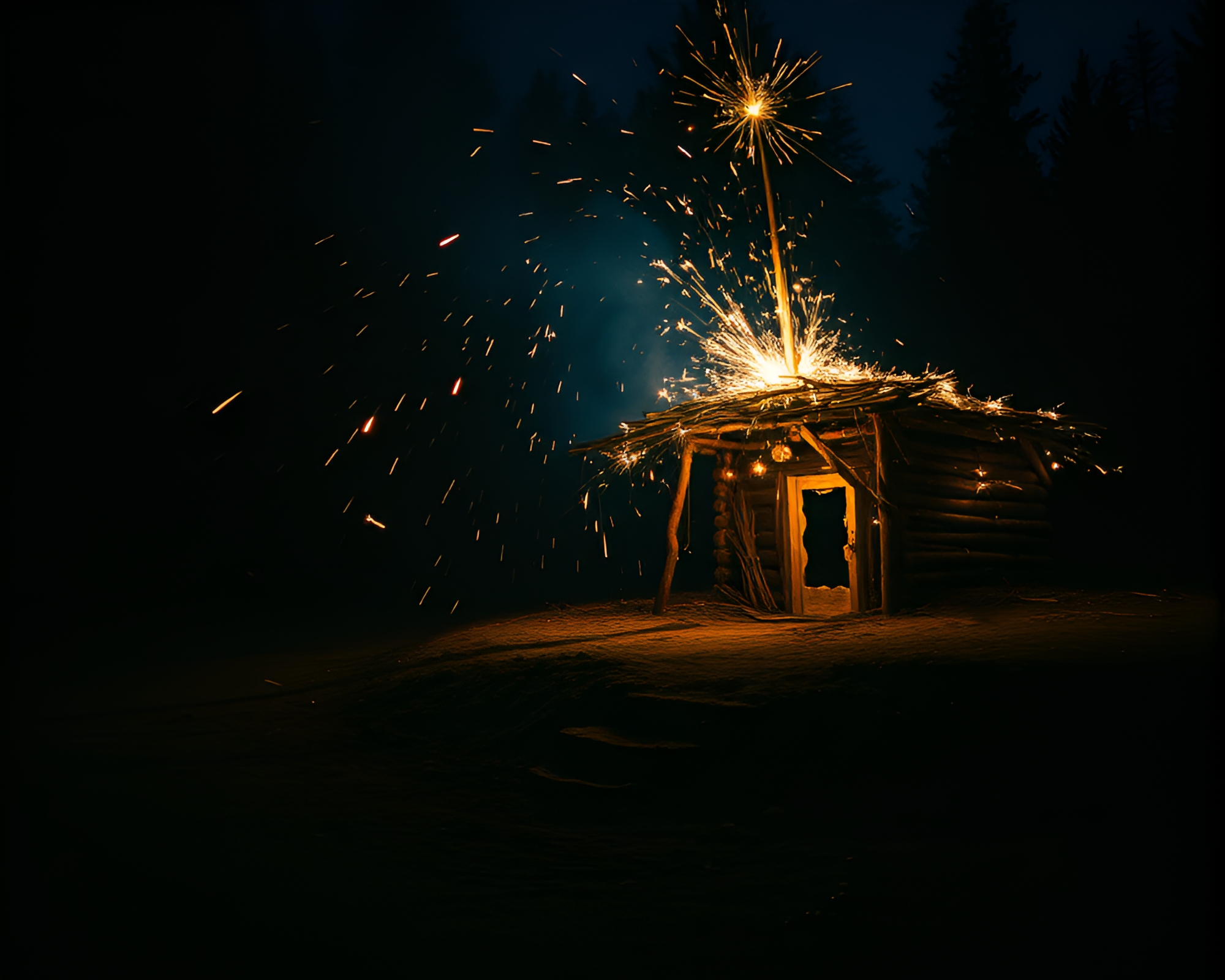 Enchanting Mud Hut with Sparkler Trails – free AI stock image