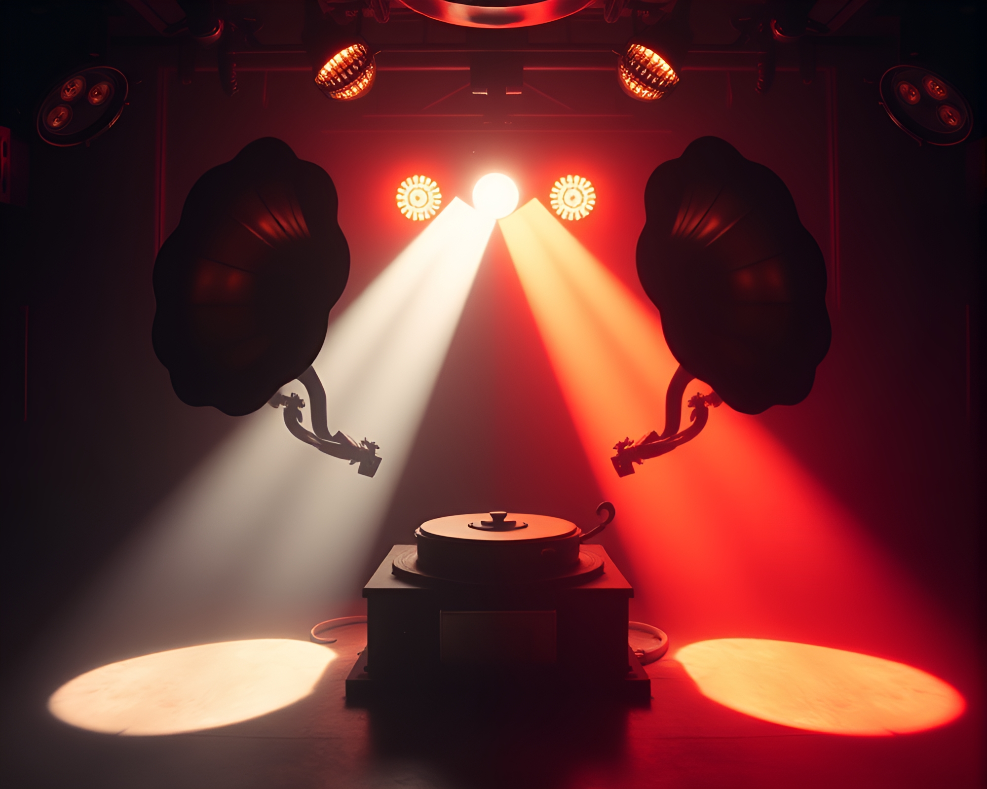 Symmetrical Steampunk Gramophone in Club Strobe Lights – free AI stock image