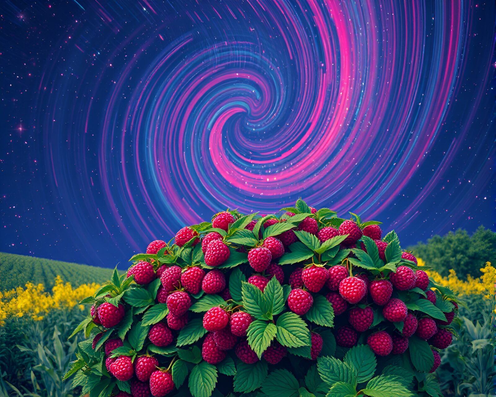 Digital art of raspberries glowing under swirling milky way