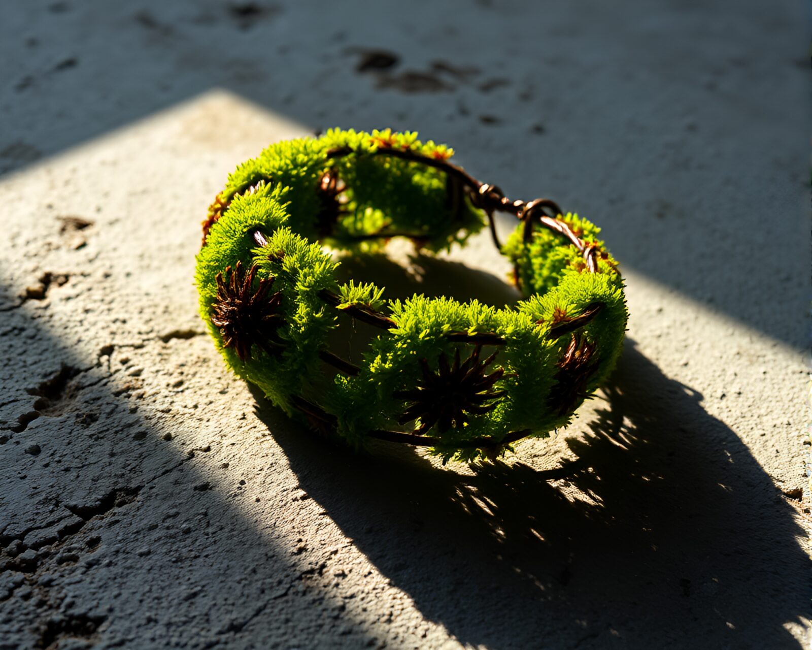 Luminous anaglyph 3D scene featuring moss-covered bracelet in shadow