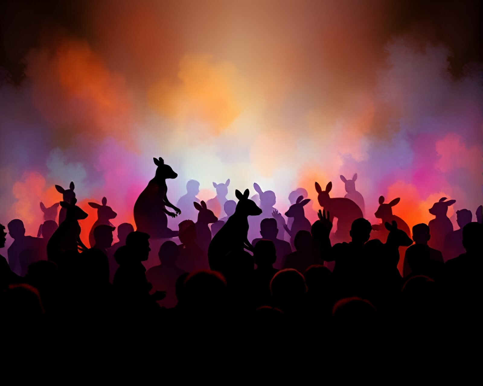 Vibrant wildlife watercolor of glowing kangaroo silhouettes among a crowd