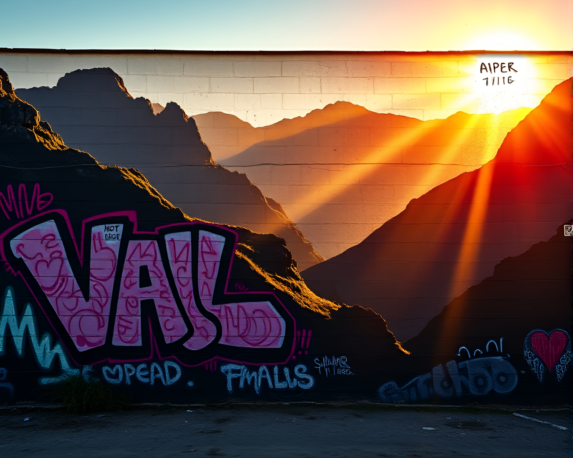 Vibrant Valley Mural: Backlit Silhouette Procedural Graffiti Art – free AI stock image