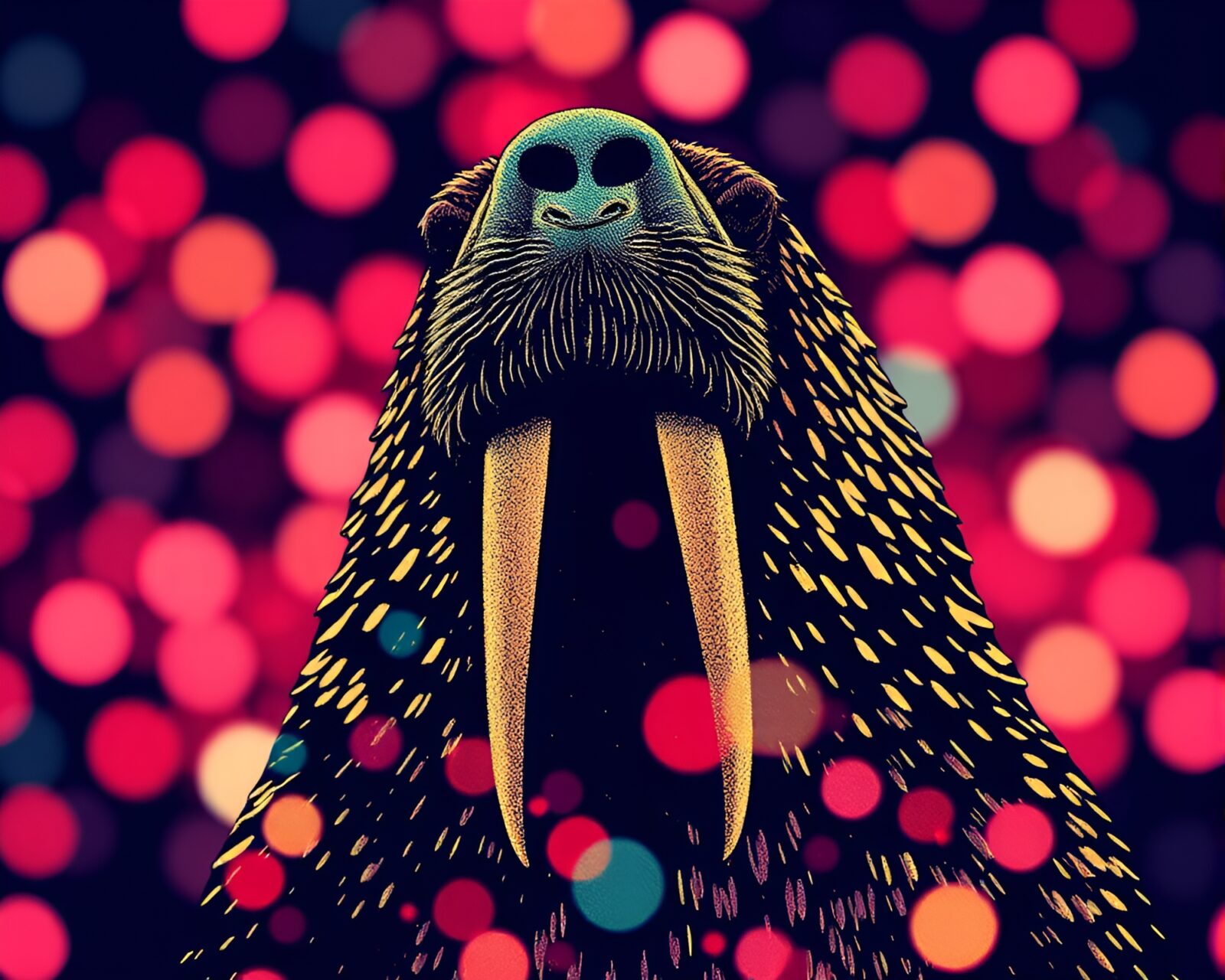 Abstract bokeh lights illuminating a whimsical walrus creation