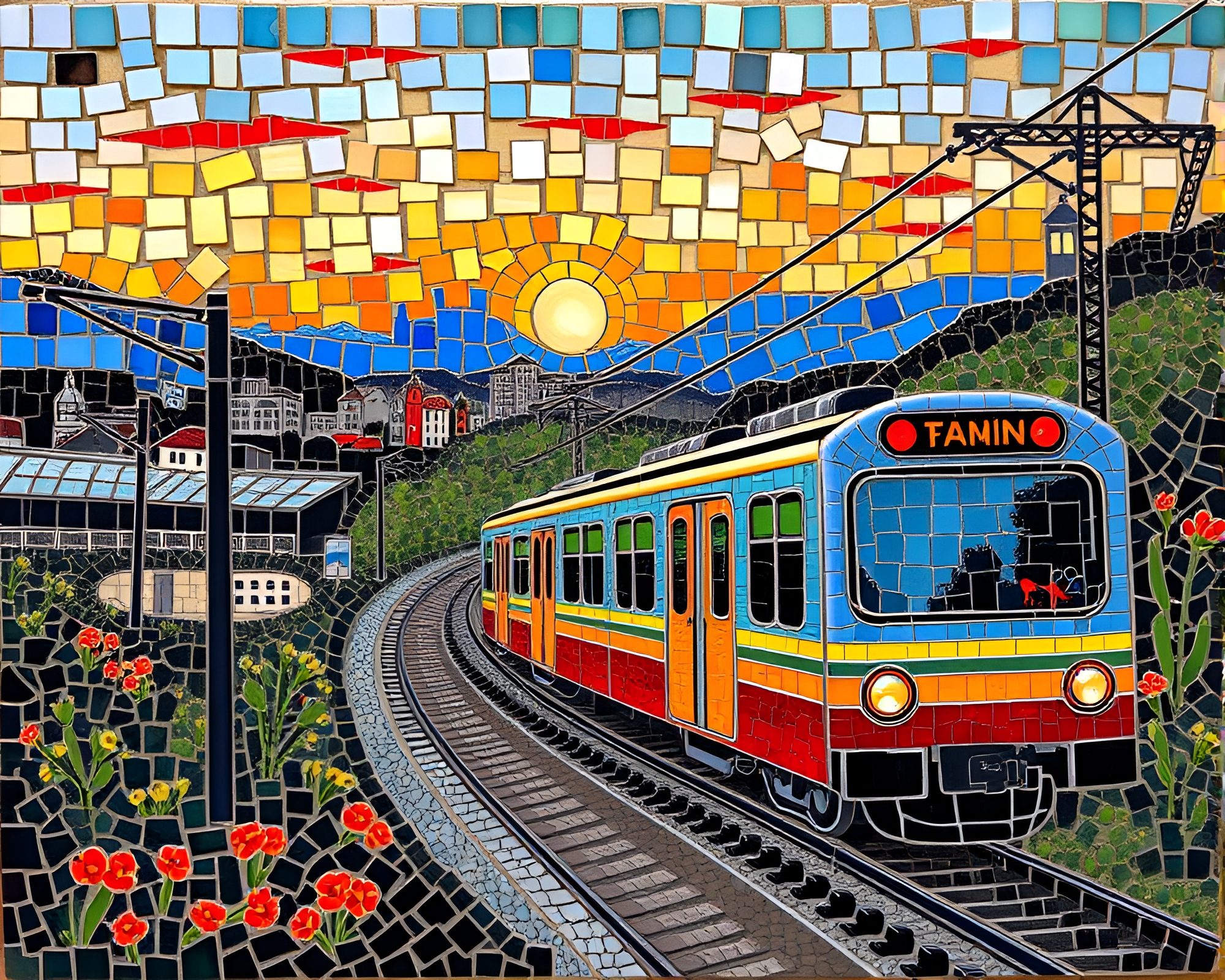 Sunset Train Skyline Sgraffito Mosaic Art – free AI stock image