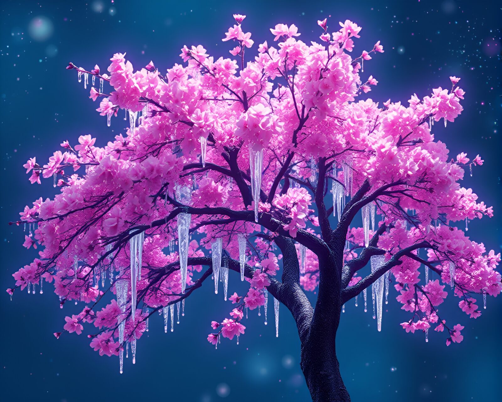 Digital painting of glowing cherry blossom tree with ice crystals