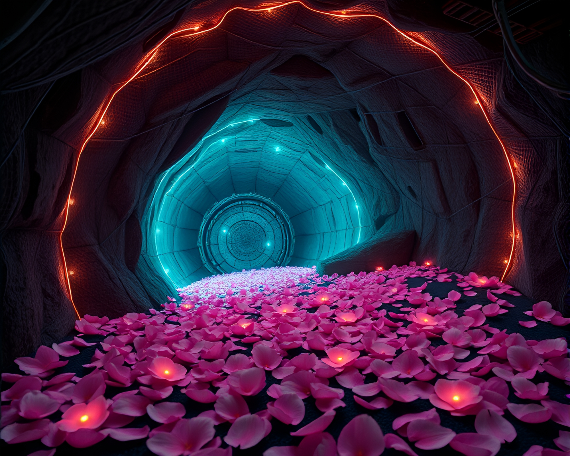 Bioluminescent Flower Petals Illuminating Underground Bunker Wireframe – free AI stock image