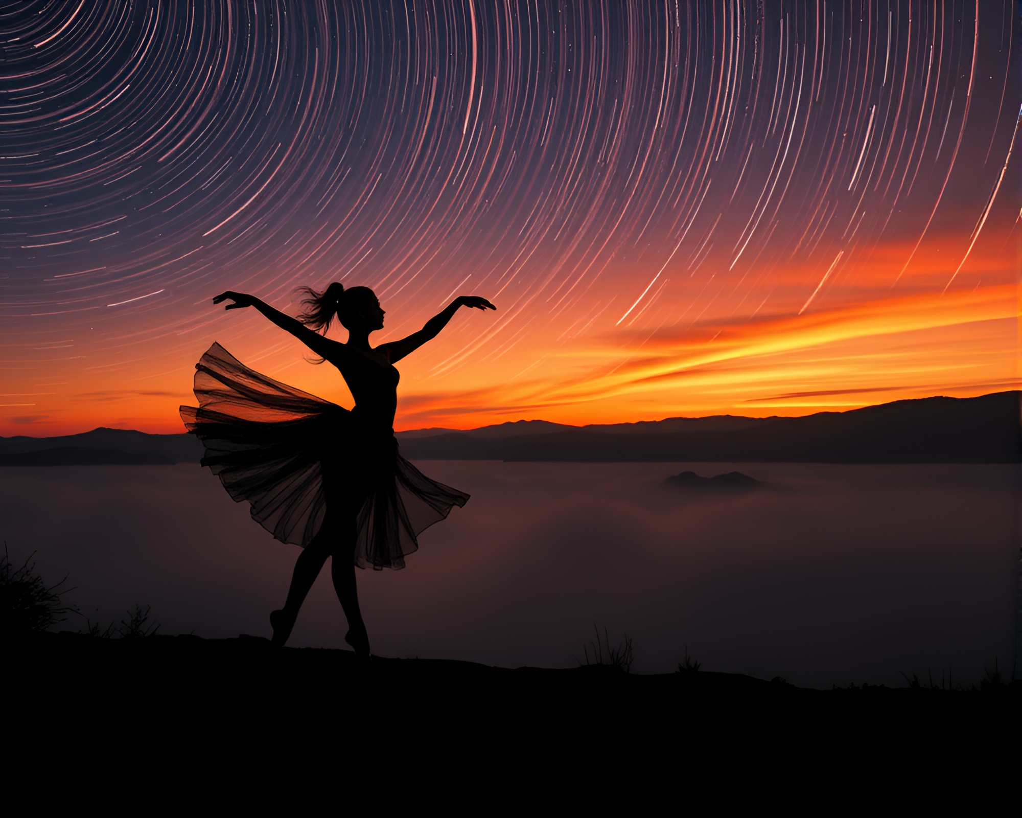 Enchanting Star Trails Ballet Dancer at Sunset – free AI stock image