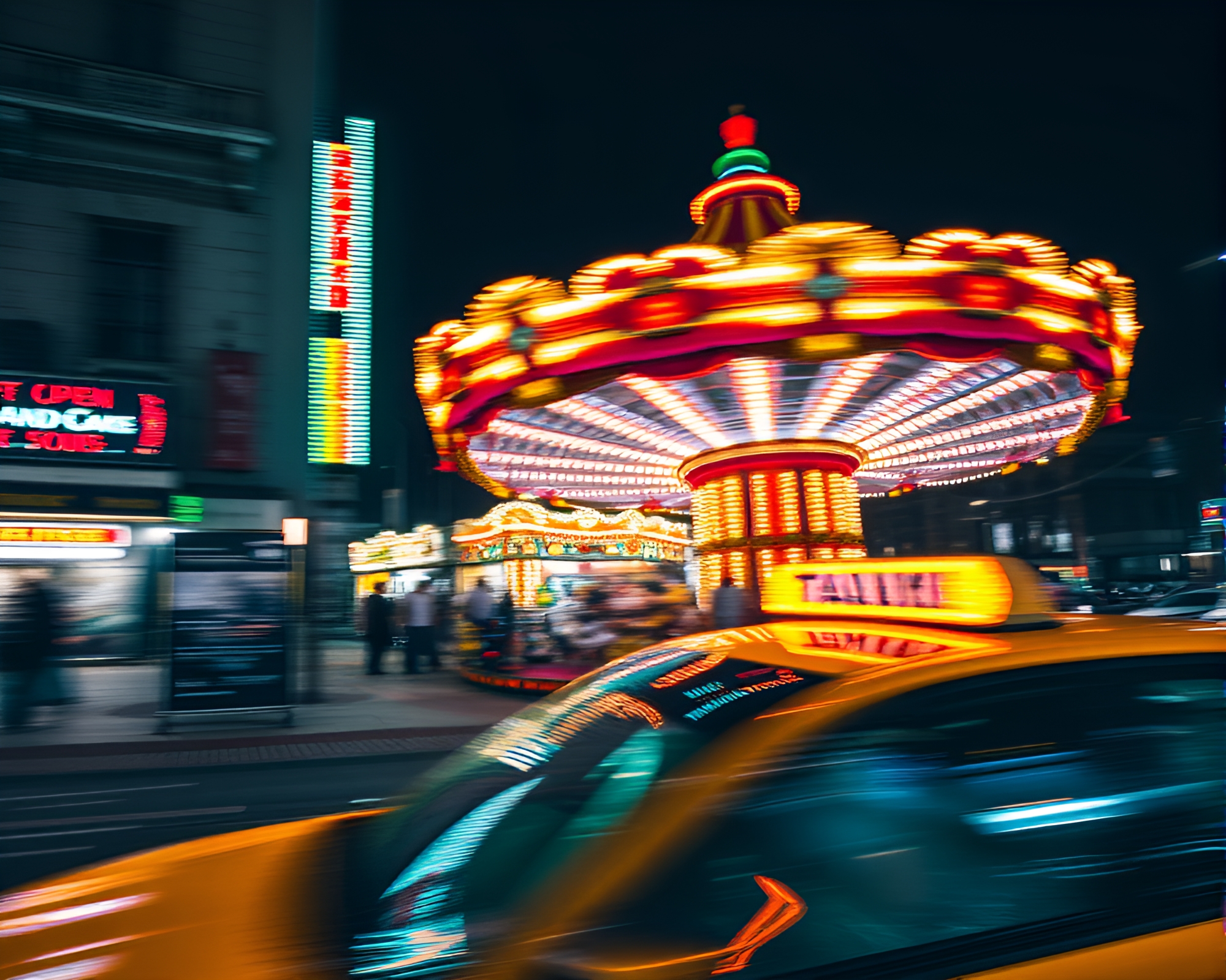 Neon Carnival Carousel Taxi Blur Art – free AI stock image