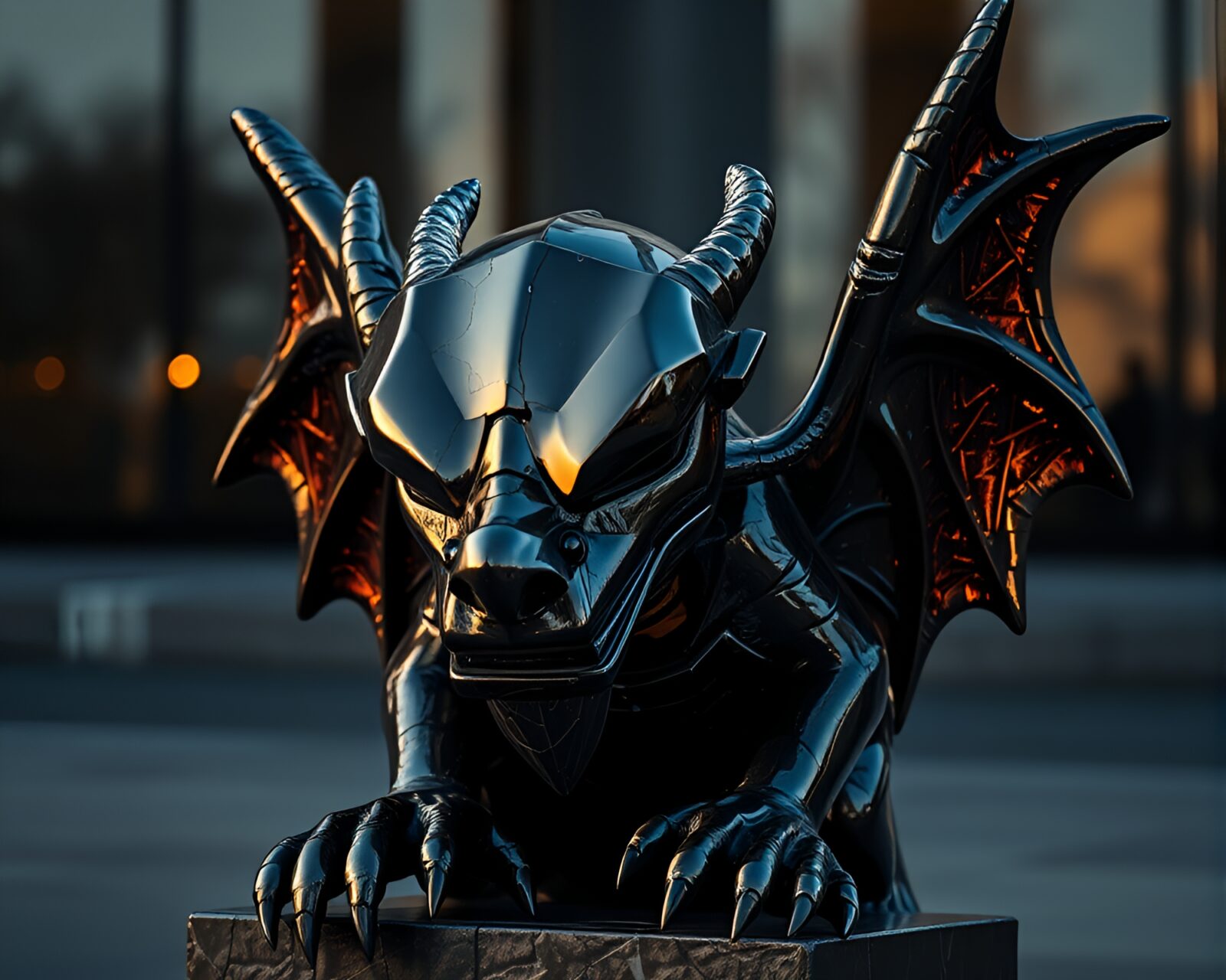 Retro-futuristic scene with broken glass reflecting harsh shadows on old gargoyle