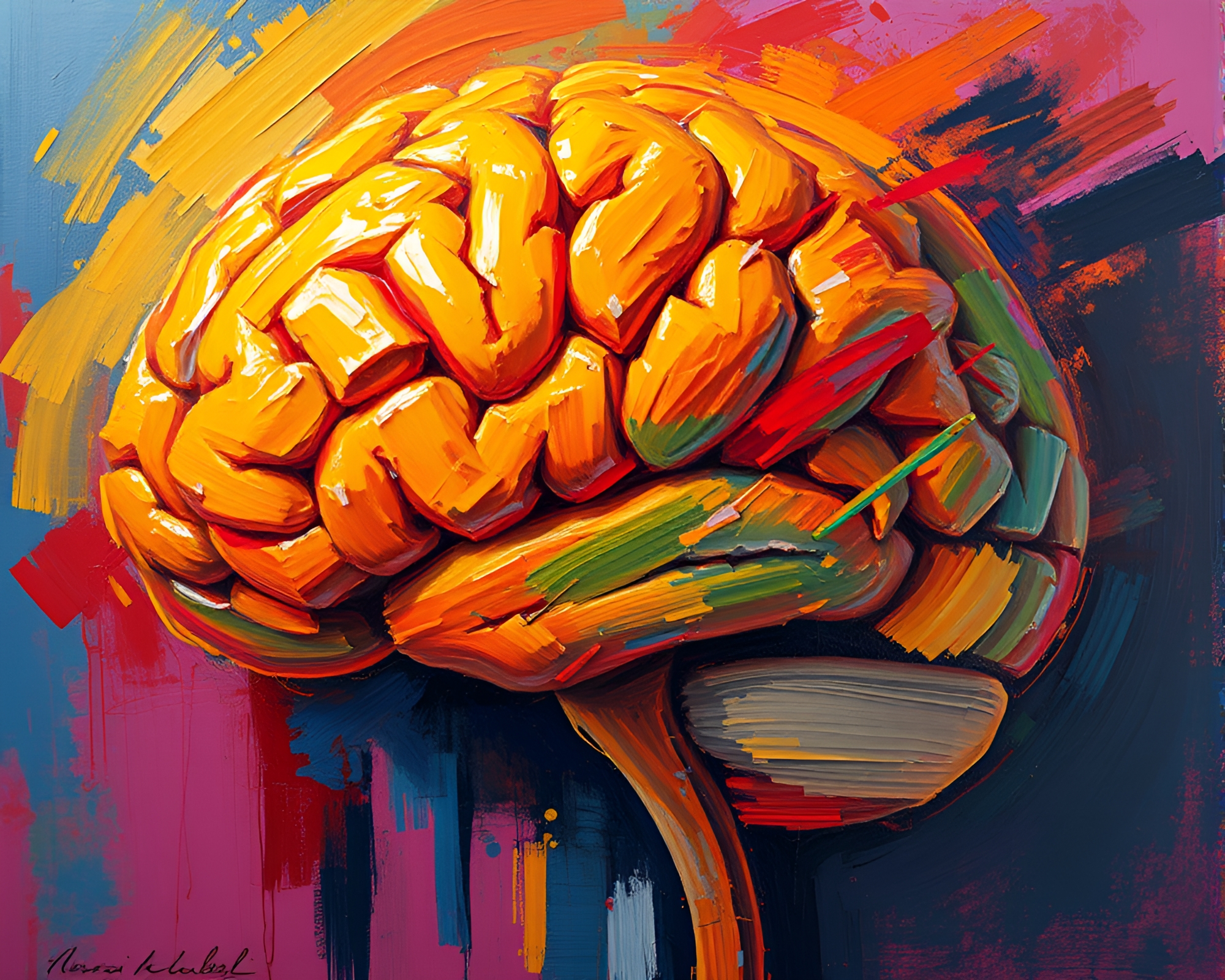 Vibrant AI Brain in Palette Knife Painting Style – free AI stock image