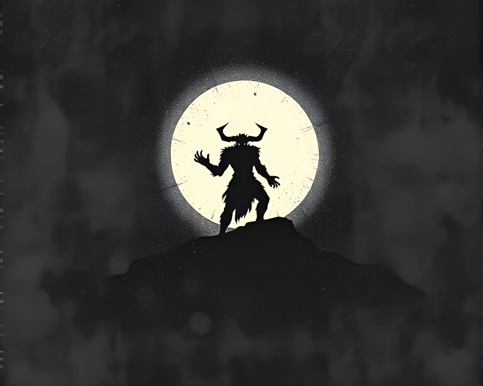 Mystical Djinn emerging from shadowy eclipse, textured overlay