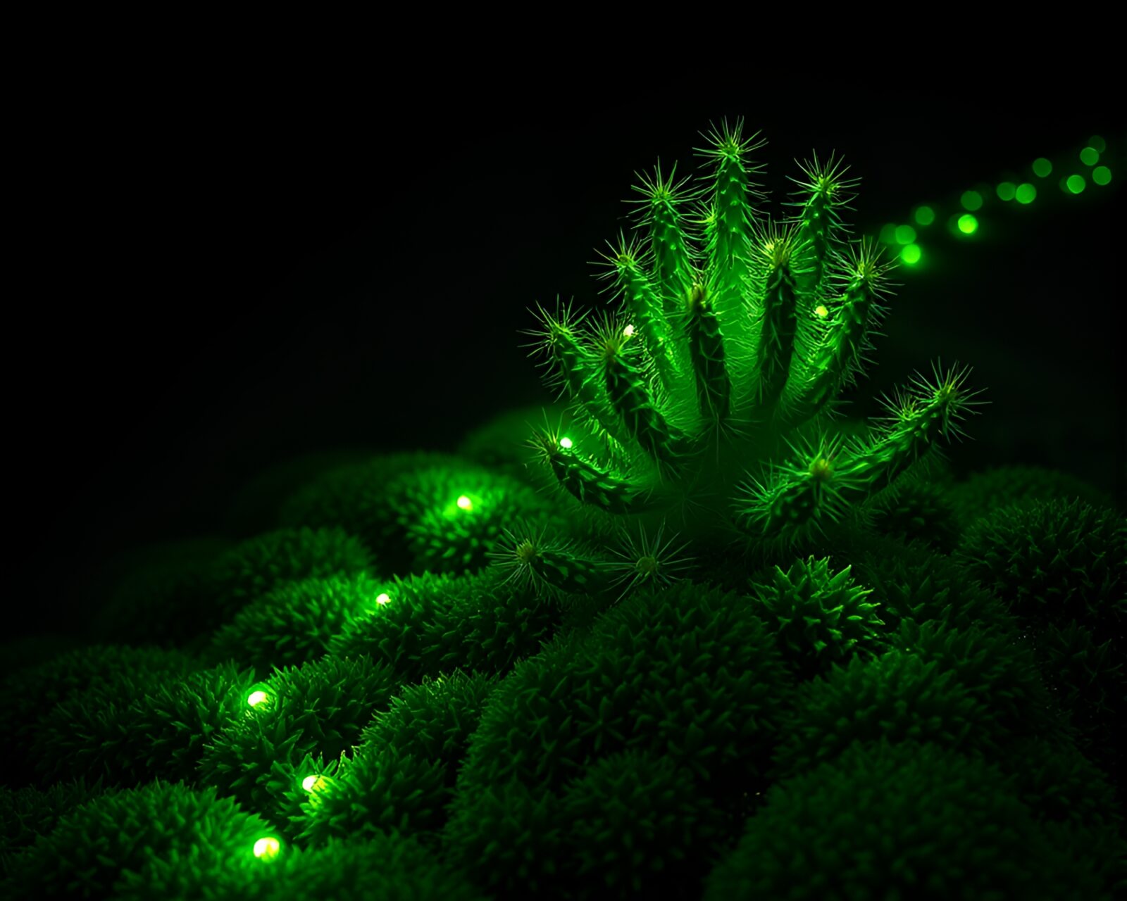 Magical desert scene with glowing cacti and moss