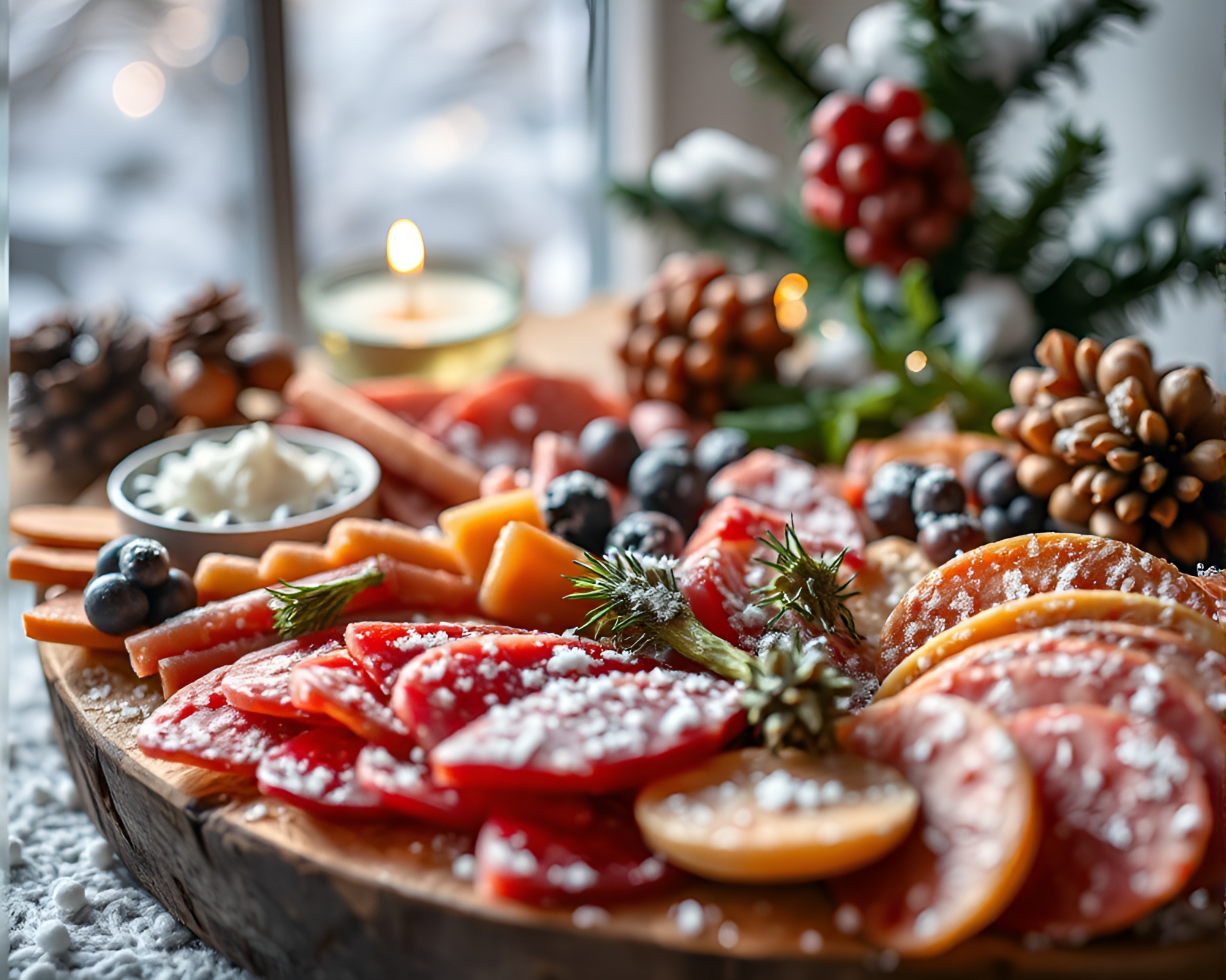 Snow-Kissed Charcuterie Board with Selective Color Composition – free AI stock image