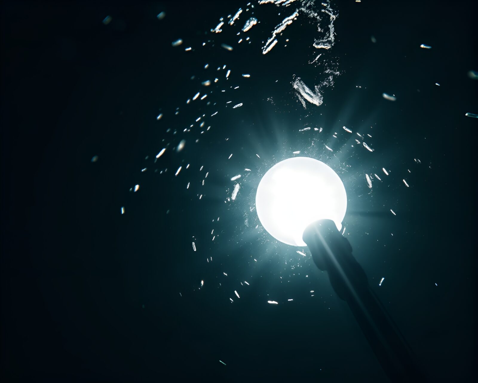 Close-up of a glowing streetlamp under the sea in black and white